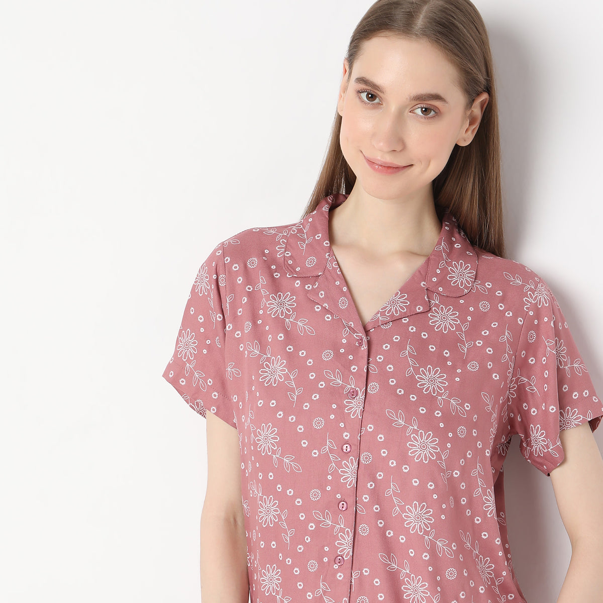 Regular Fit Printed Lapel Collar Shirt with Pyjama Set