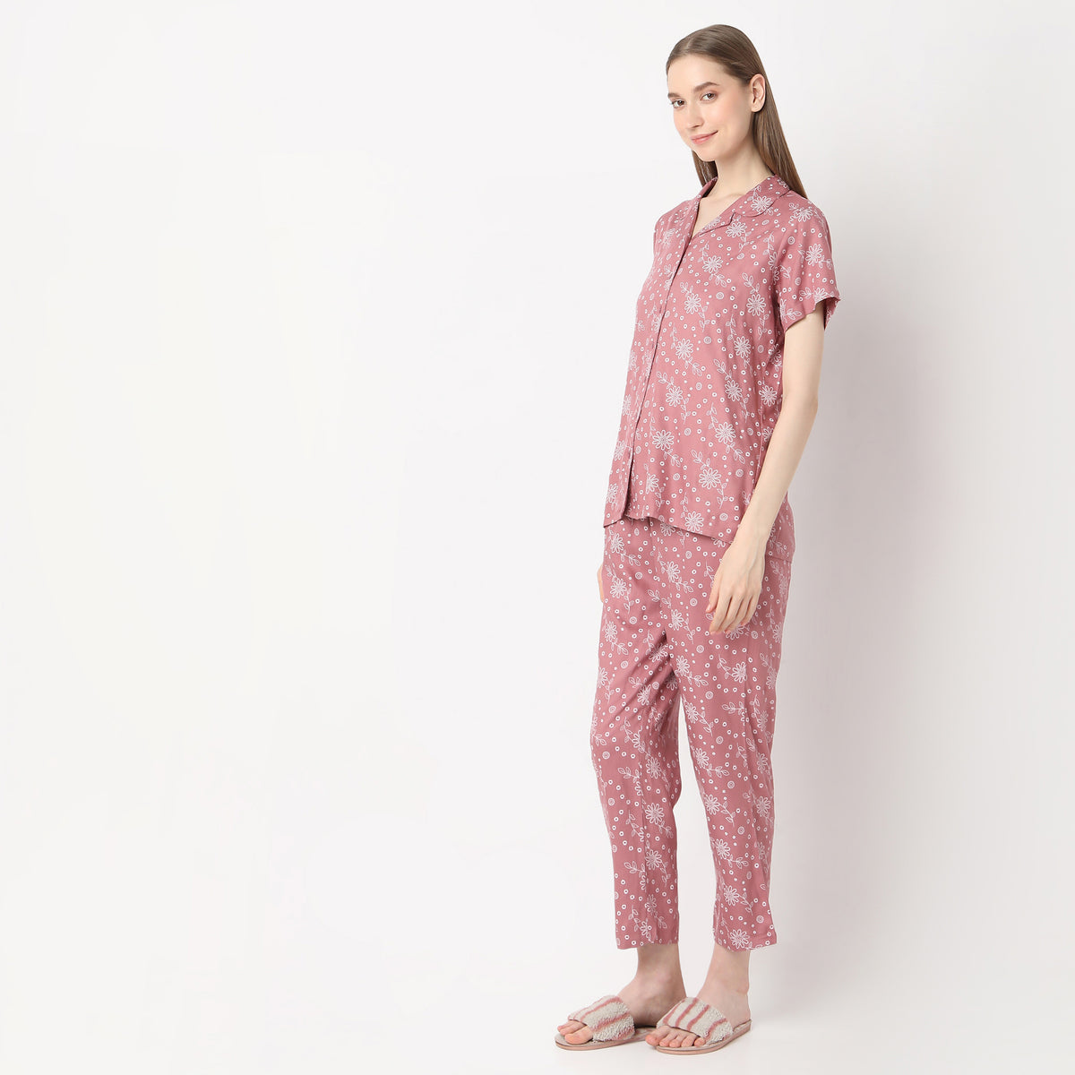 Regular Fit Printed Lapel Collar Shirt with Pyjama Set