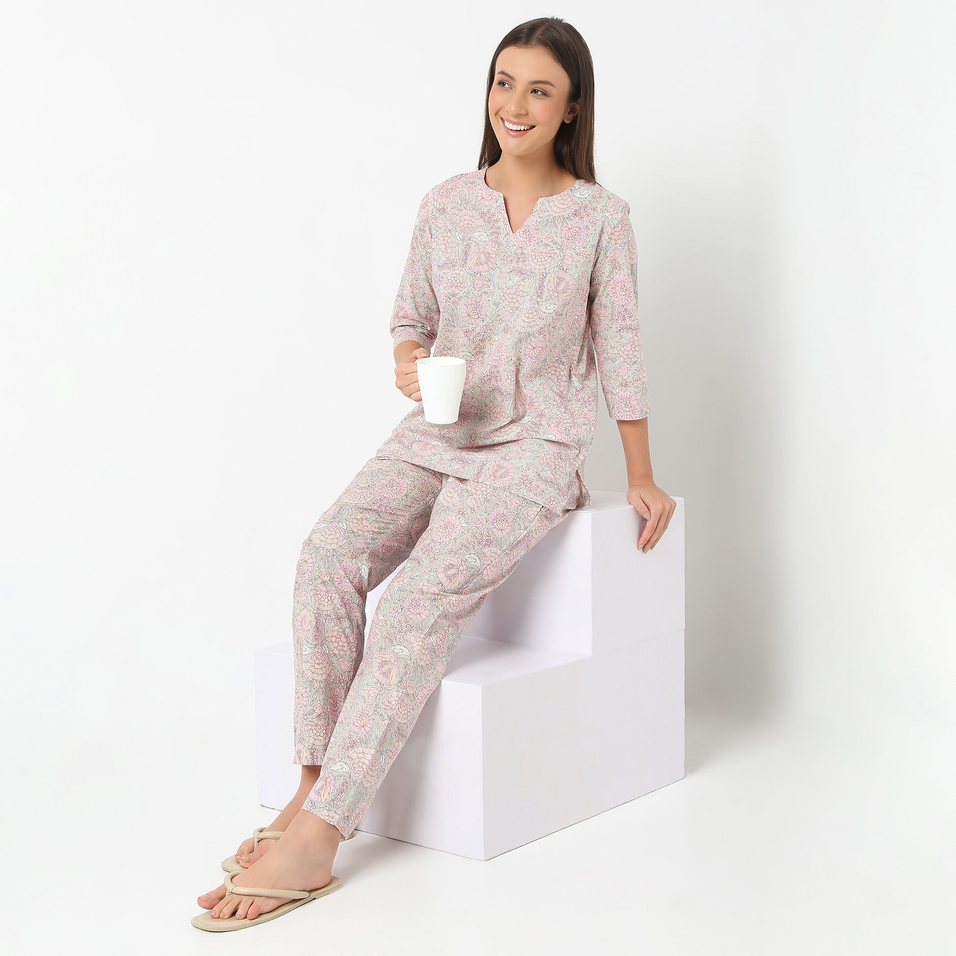 Round Neck Short Length Three-Fourth Sleeve Printed Jaipuri Topwear And With Pyjama Sleepwear Set