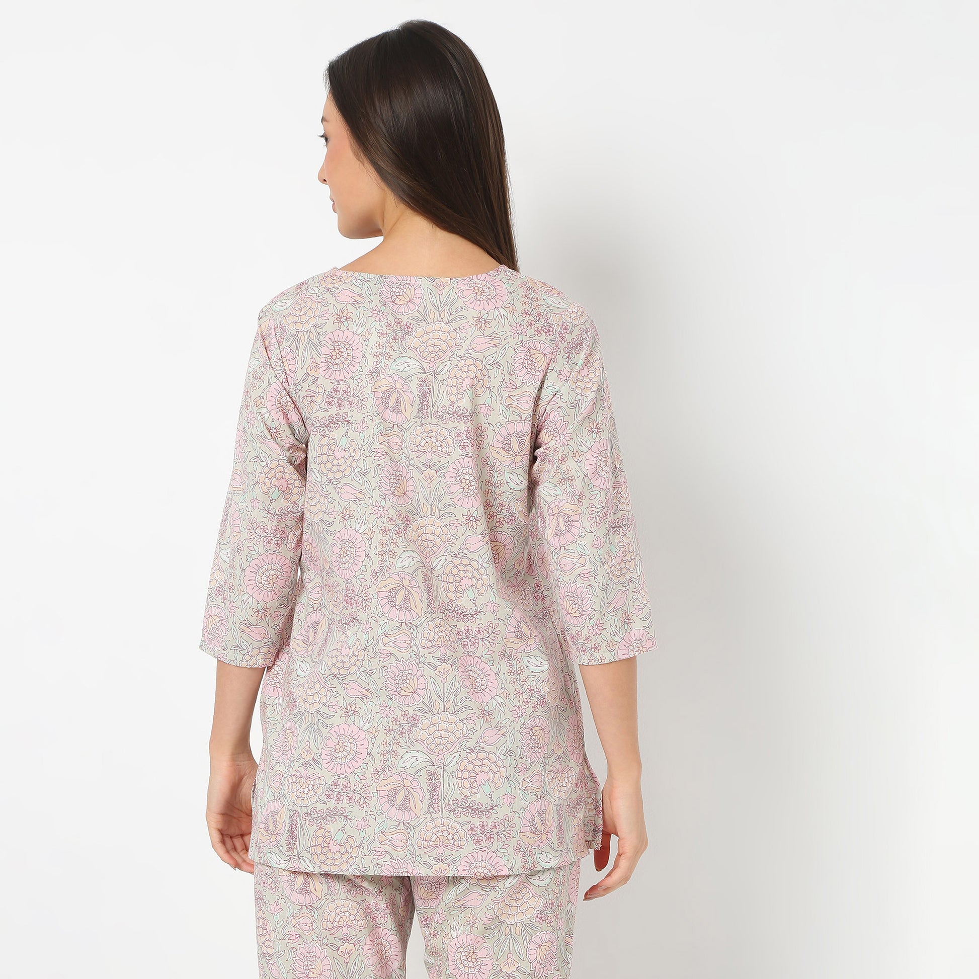Round Neck Short Length Three-Fourth Sleeve Printed Jaipuri Topwear And With Pyjama Sleepwear Set