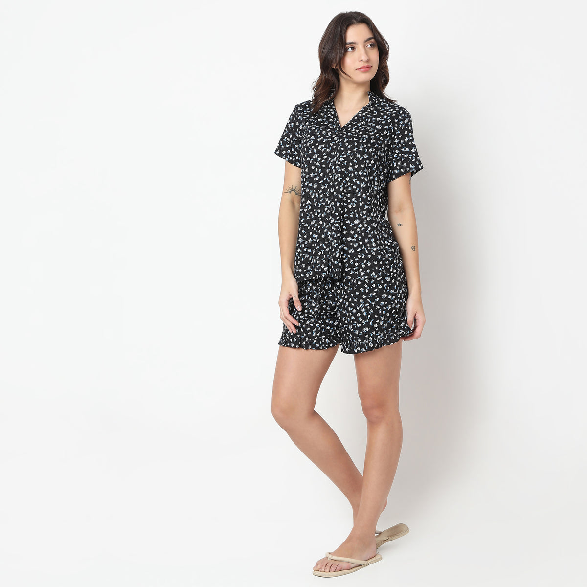 Regular Fit Printed Shirt with Shorts Sleepwear Set