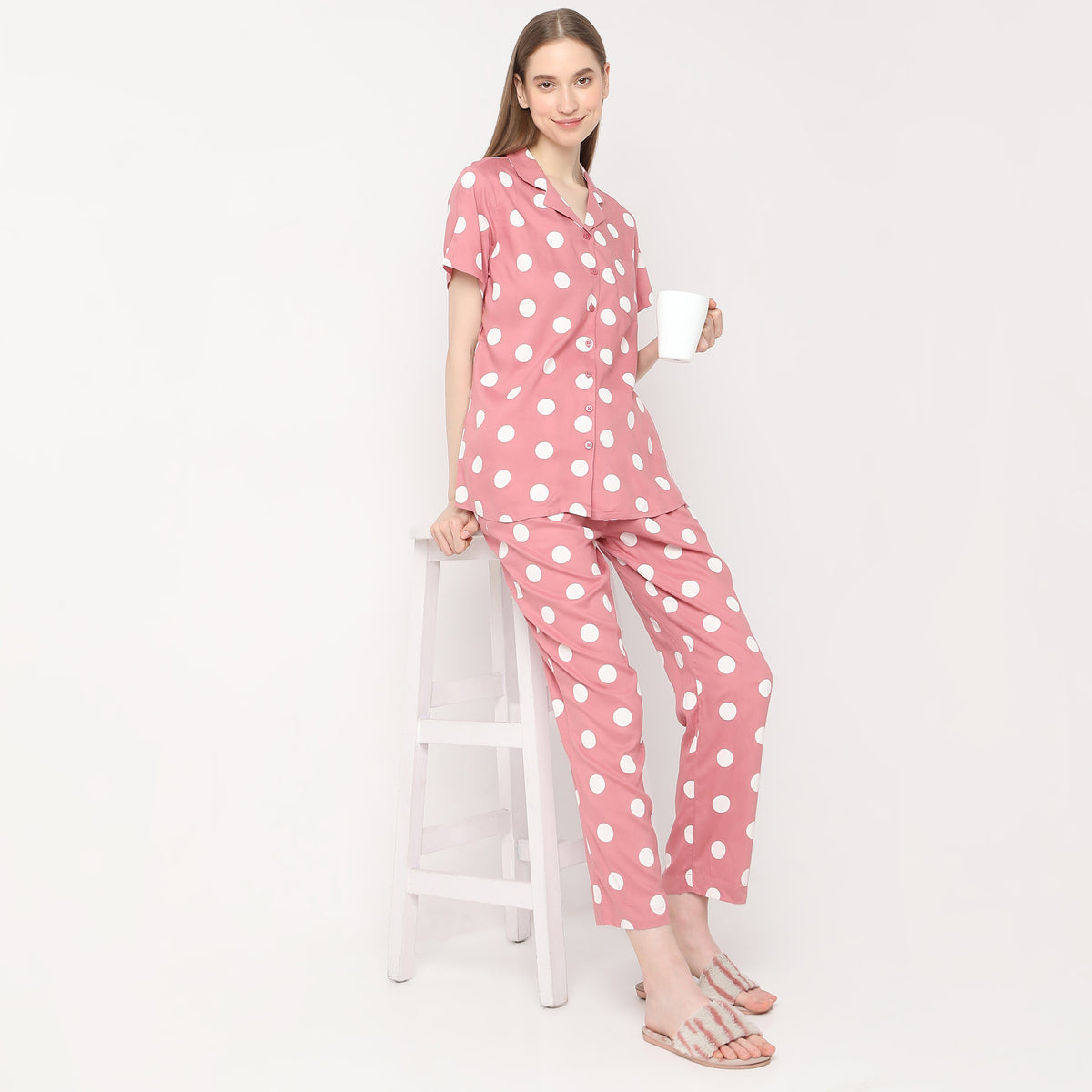 Regular Fit Polka Dot Lapel Collar Shirt with Pyjama Set