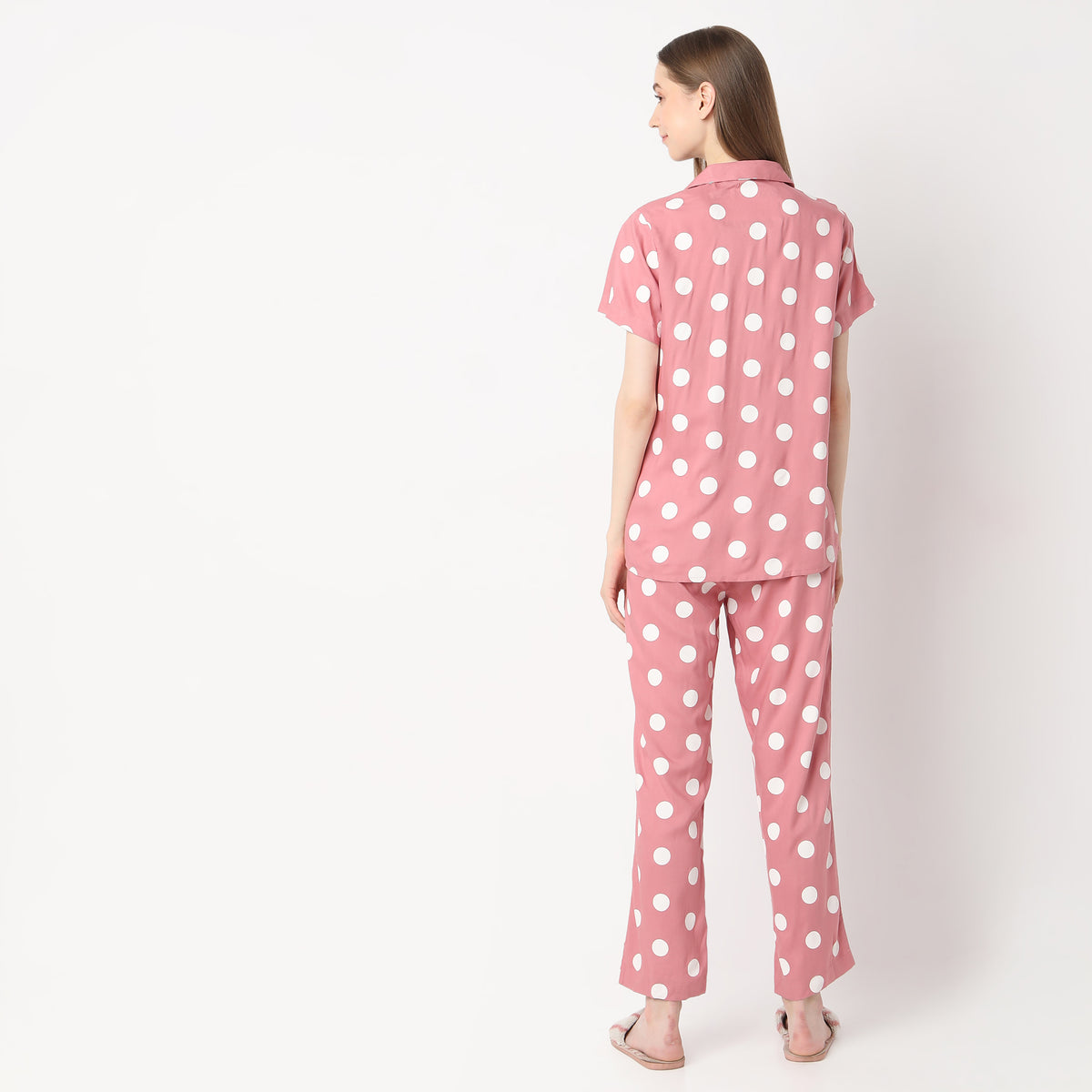 Regular Fit Polka Dot Lapel Collar Shirt with Pyjama Set