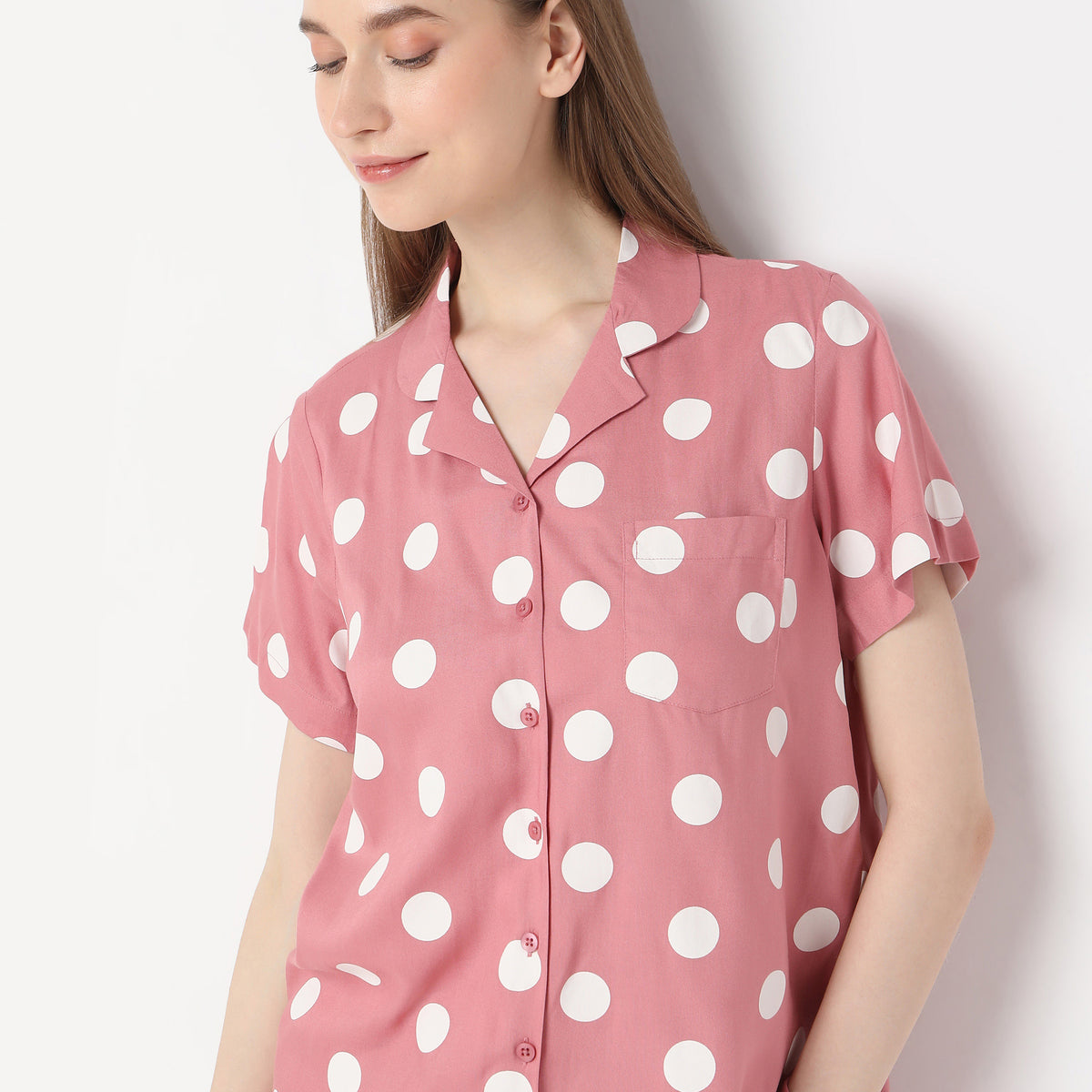 Regular Fit Polka Dot Lapel Collar Shirt with Pyjama Set