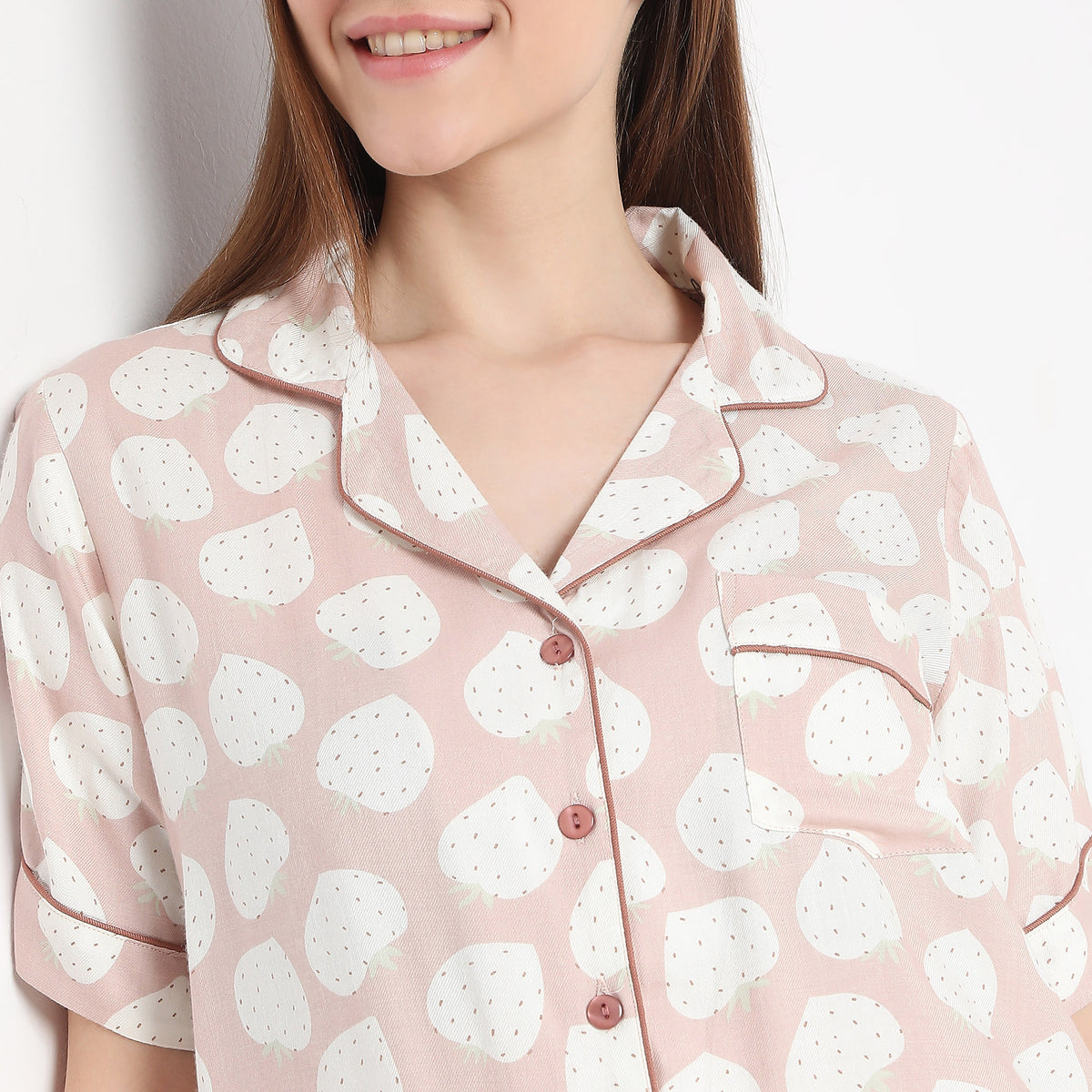 Strawberry Print Lapel Collar with Brown Piping Shirt with Pyjama Set