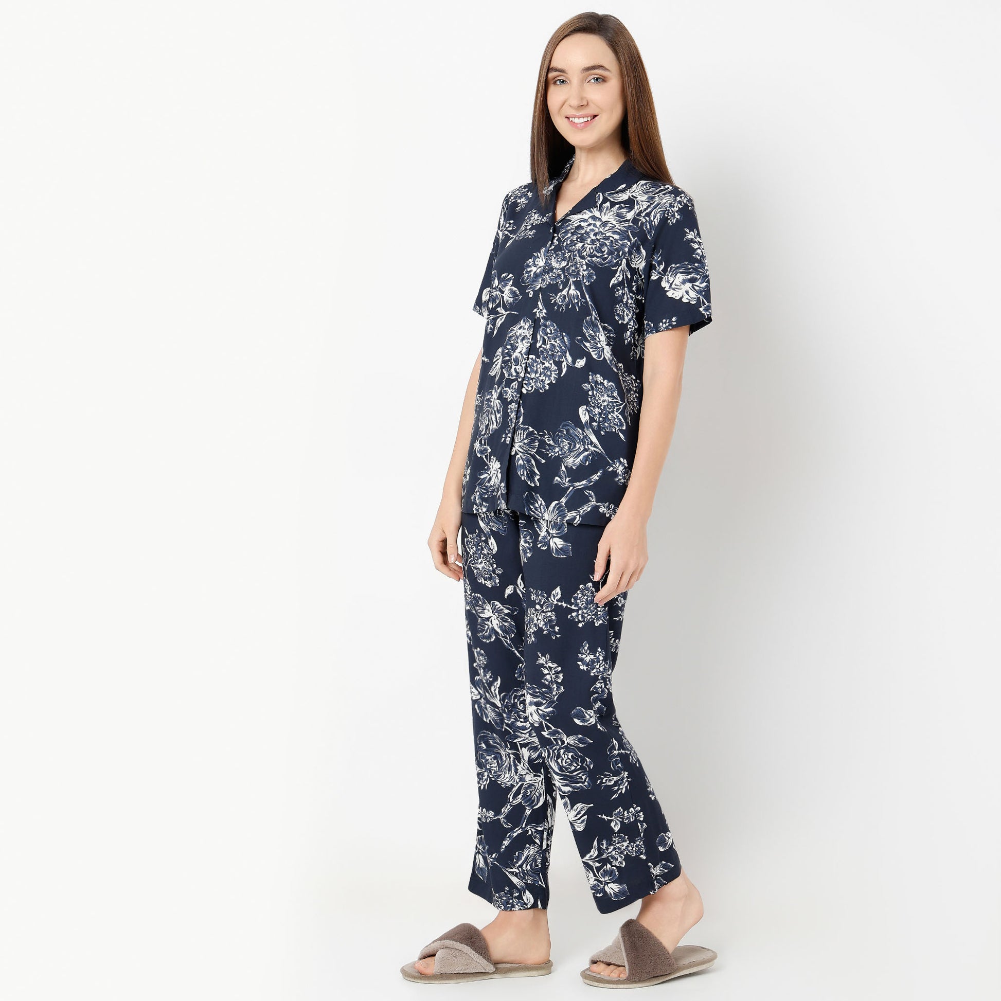 Regular Fit Printed Lapel Collar Shirt with Pyjama Set