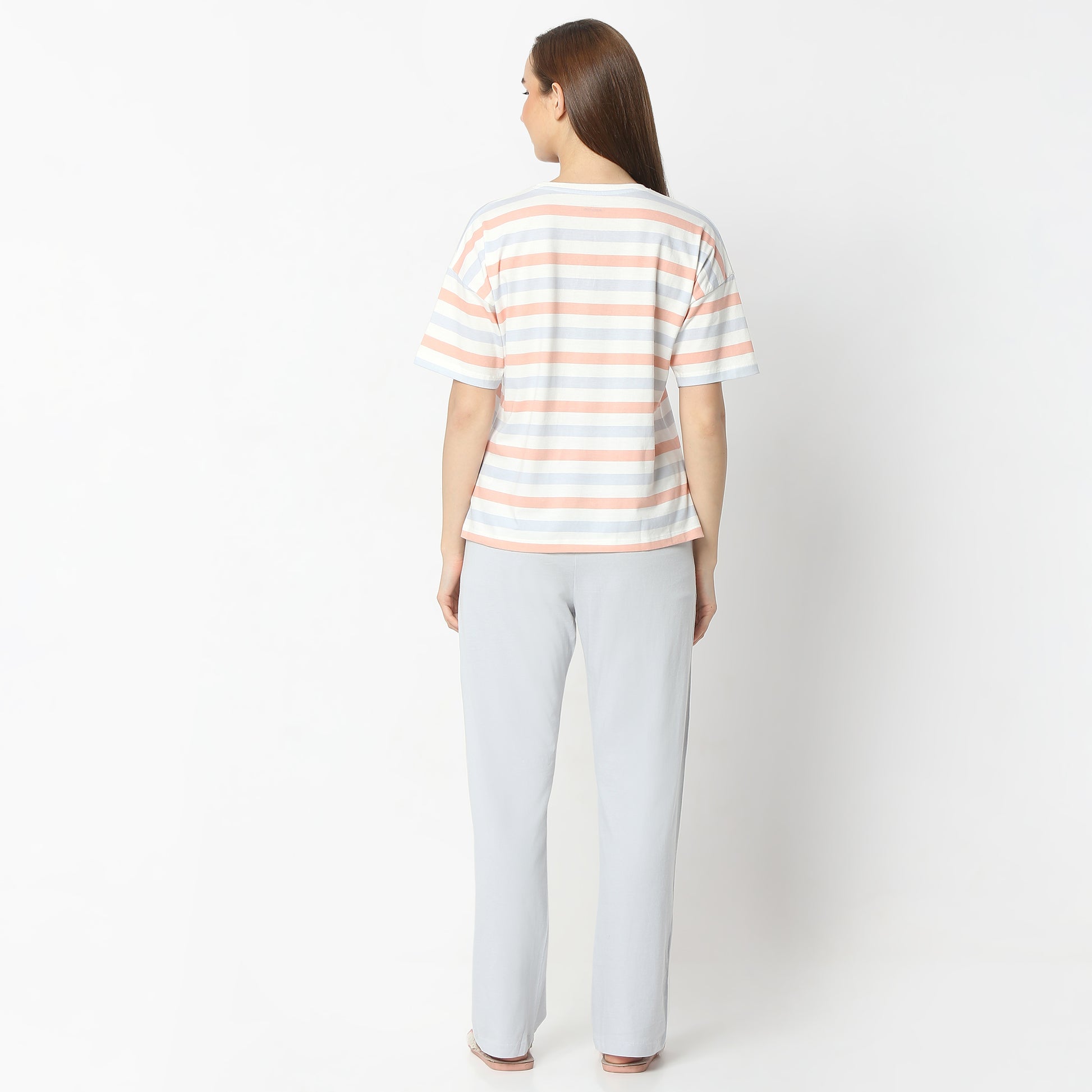 Regular Fit Striped Round Neck Regular Length T-Shirt with Pyjama Set
