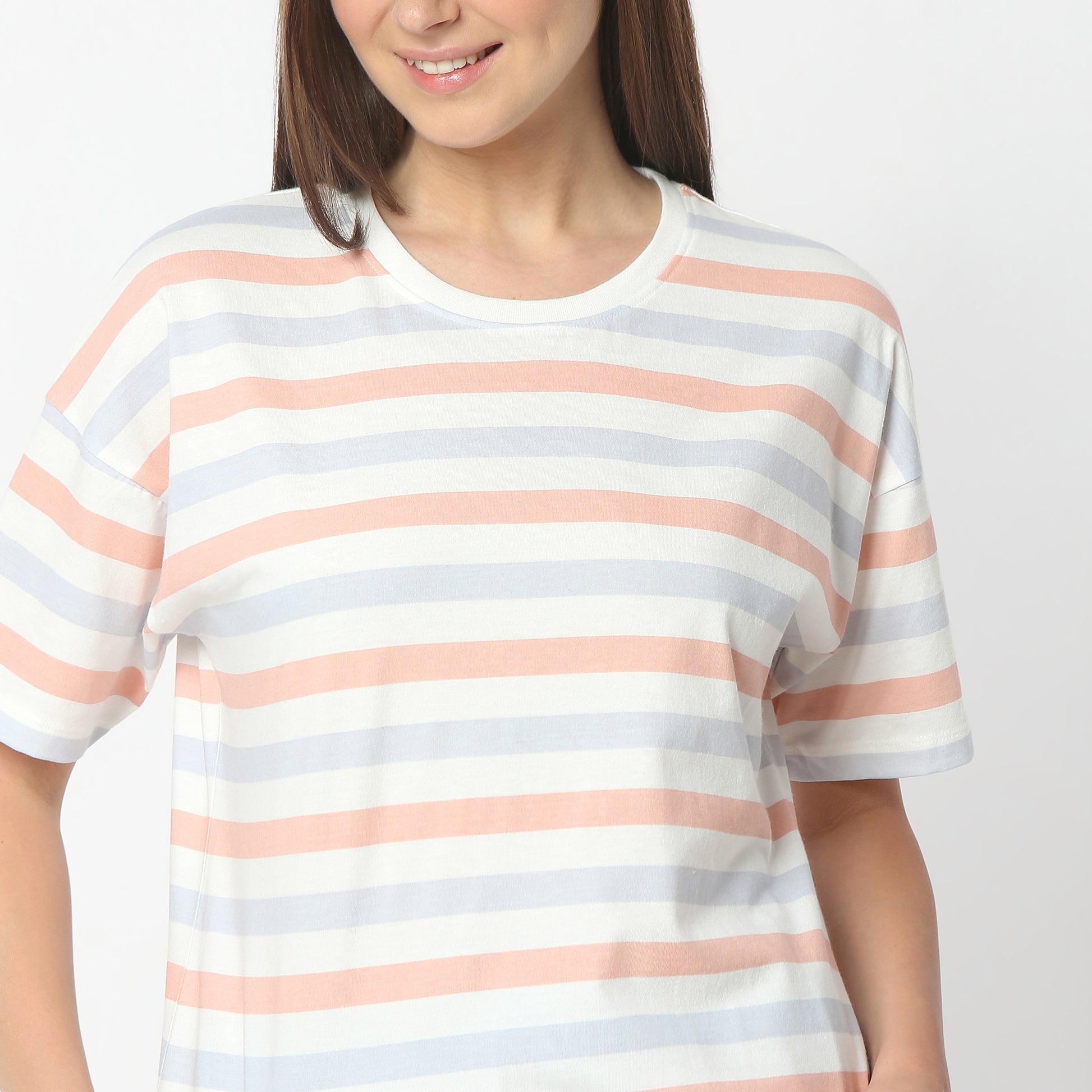 Regular Fit Striped Round Neck Regular Length T-Shirt with Pyjama Set