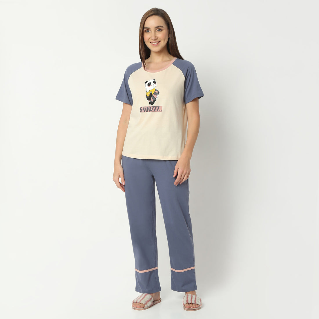 Regular Fit Animal Print Round Neck Regular Length T-Shirt with Pyjama Set