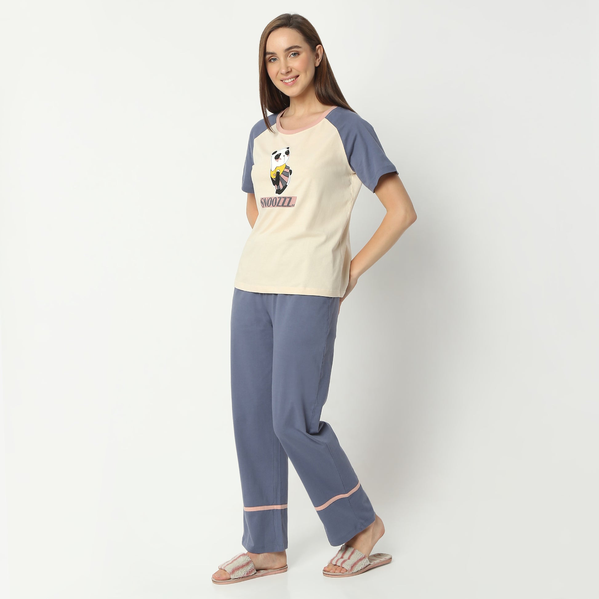 Regular Fit Animal Print Round Neck Regular Length T-Shirt with Pyjama Set