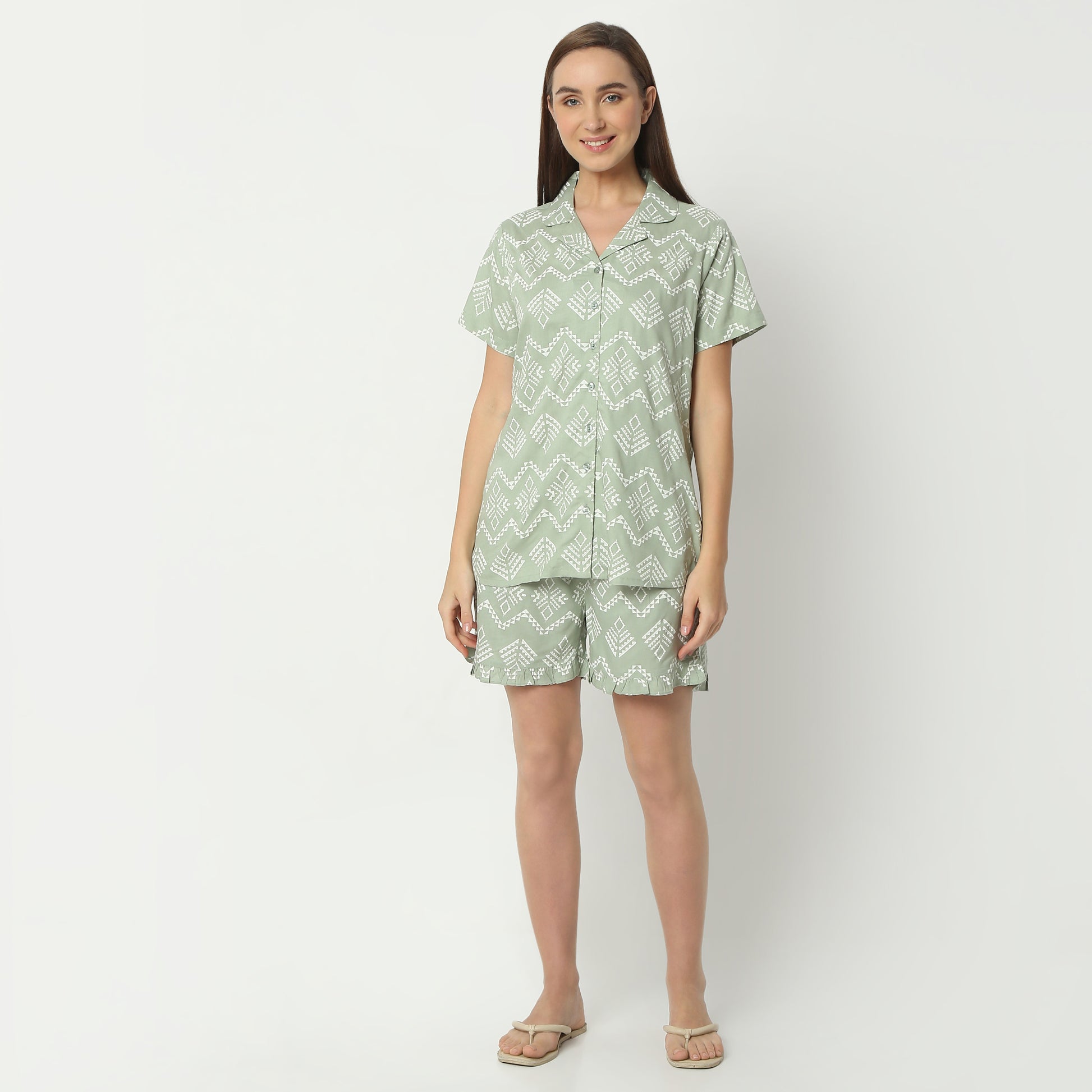 Regular Fit Printed Lapel Collar Regular Length Shirt with Shorts Sleepwear Set