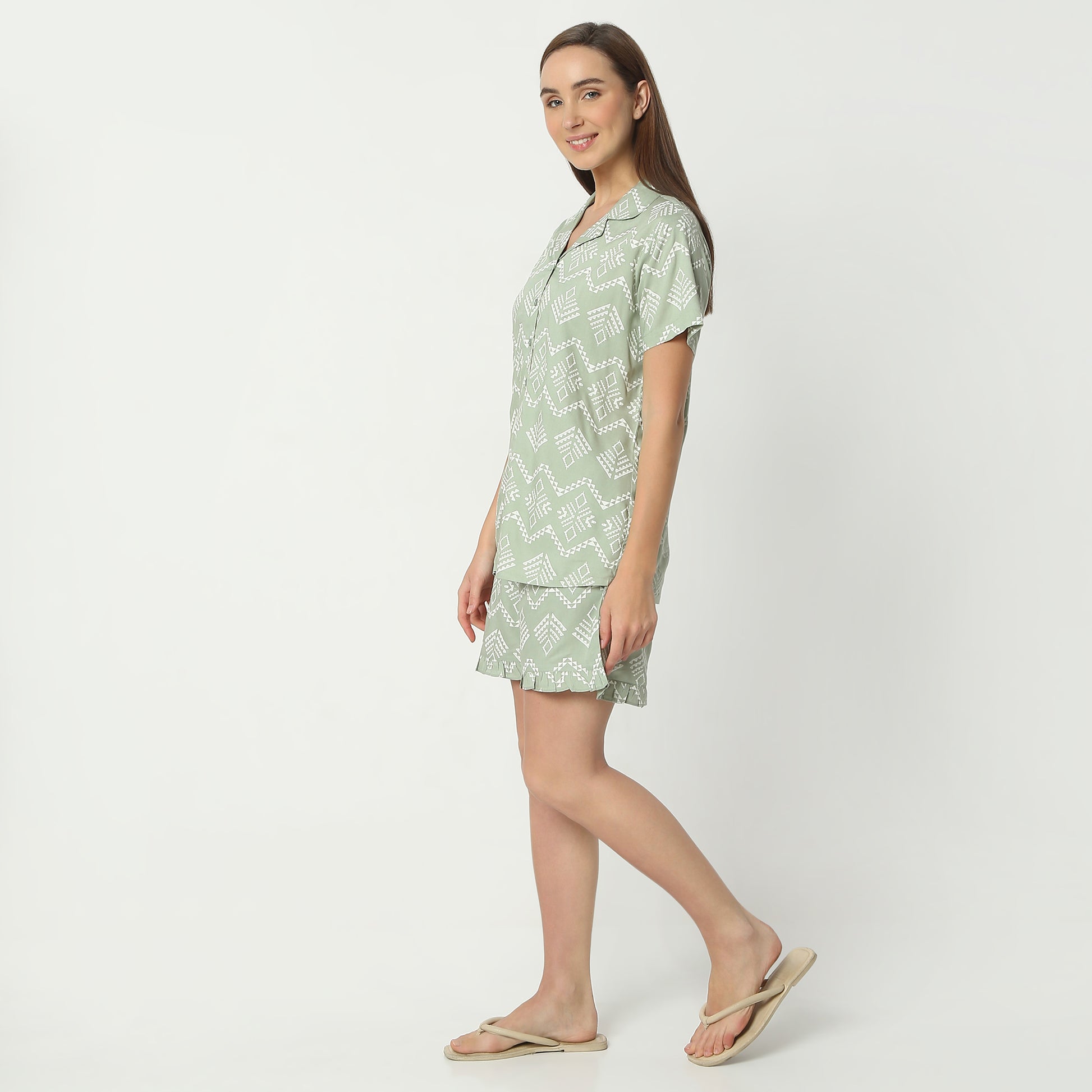 Regular Fit Printed Lapel Collar Regular Length Shirt with Shorts Sleepwear Set