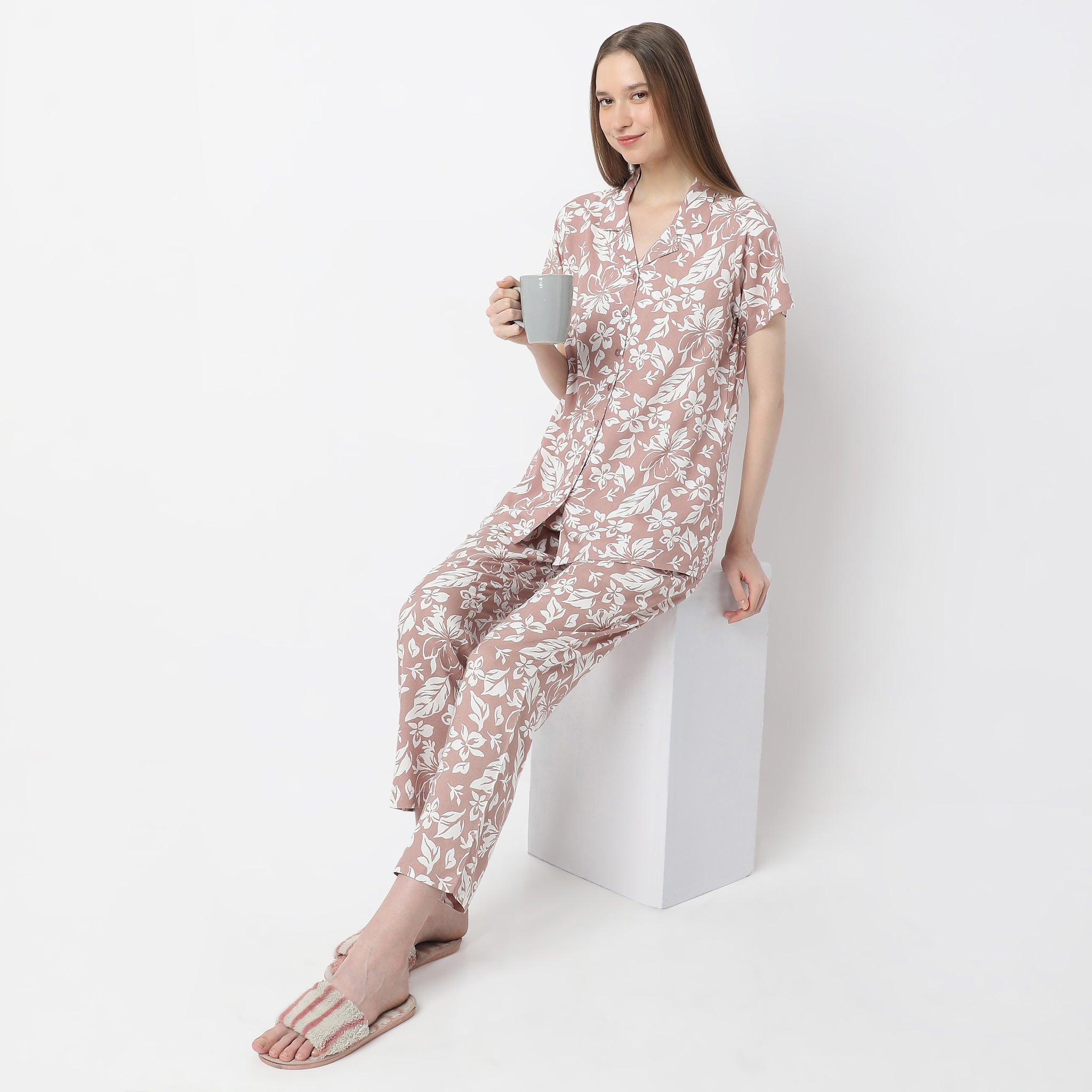 Floral Print Lapel Collar Short Sleeve Shirt with Pyjama Sleepwear Shirt