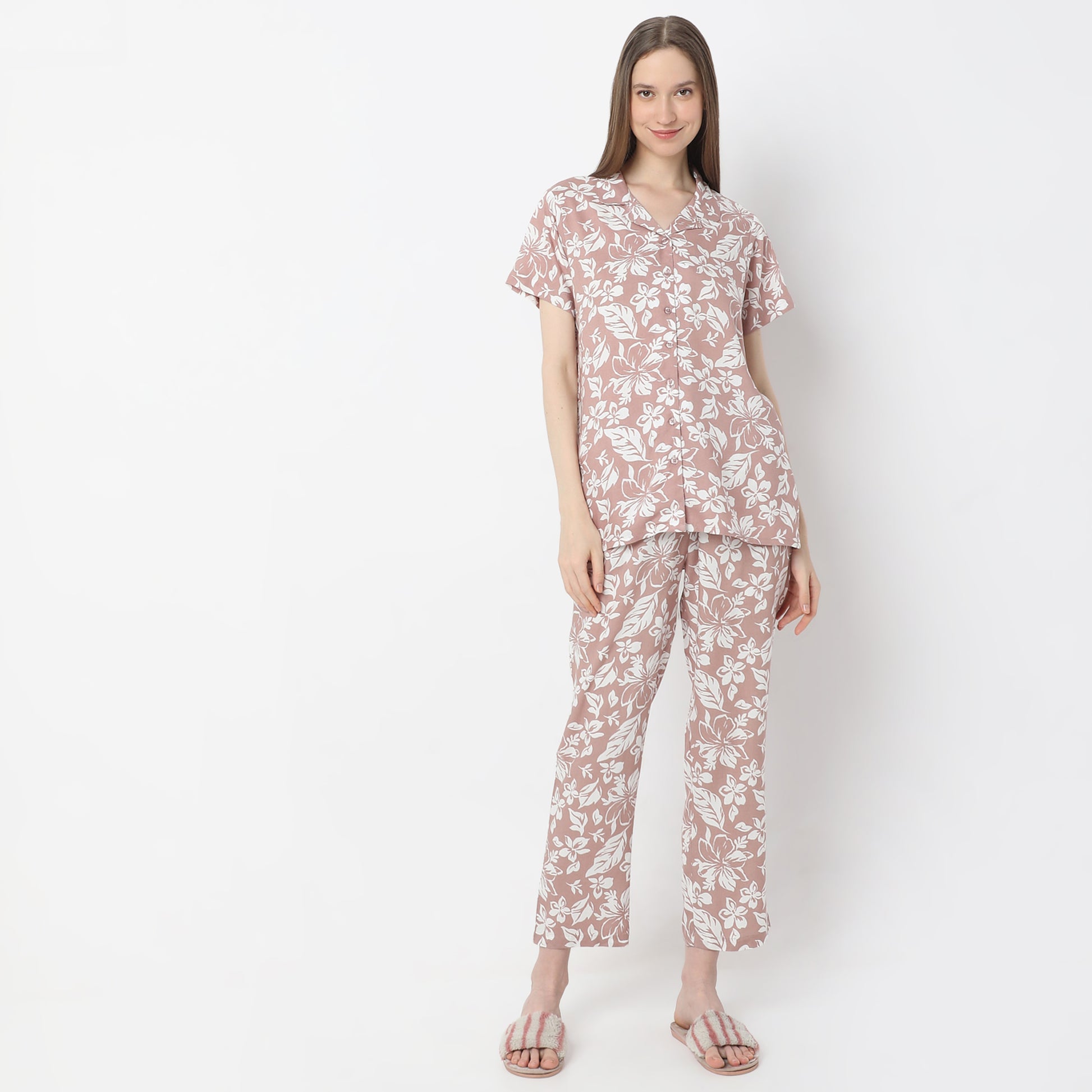 Floral Print Lapel Collar Short Sleeve Shirt with Pyjama Sleepwear Shirt