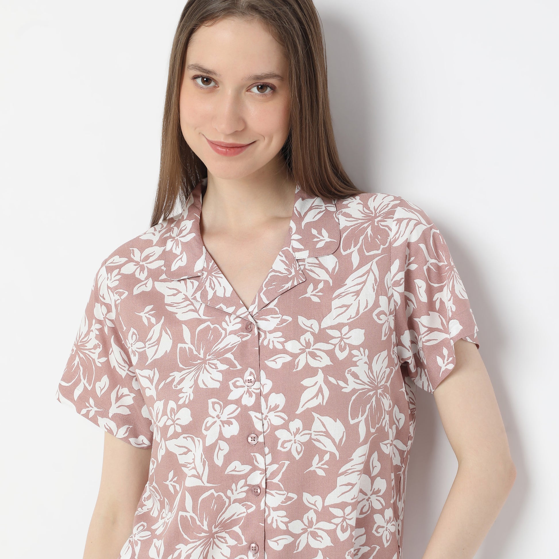 Floral Print Lapel Collar Short Sleeve Shirt with Pyjama Sleepwear Shirt