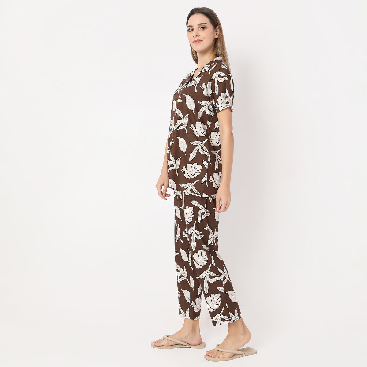 Lapel Collar Floral Shirt with Pyjama Set