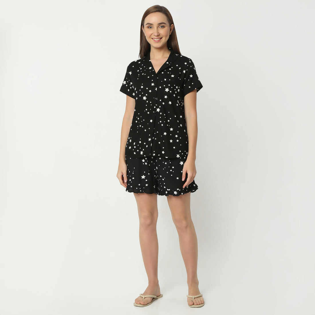 Regular Fit Printed Lapel Collar Regular Length Shirt with Shorts Sleepwear Set