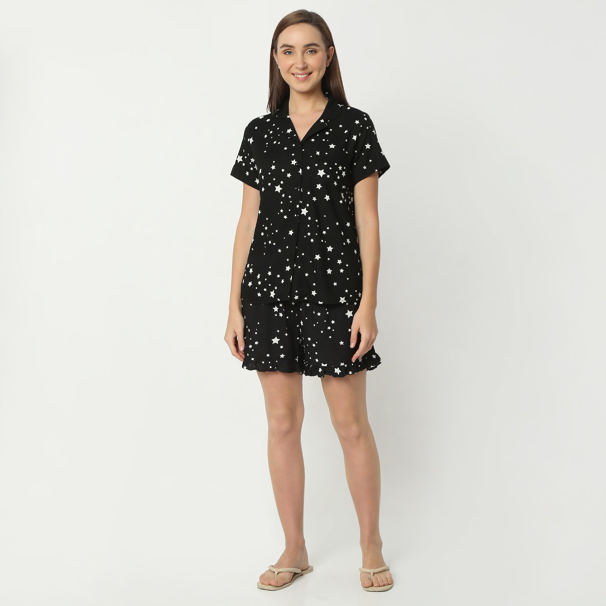 Regular Fit Printed Lapel Collar Regular Length Shirt with Shorts Sleepwear Set