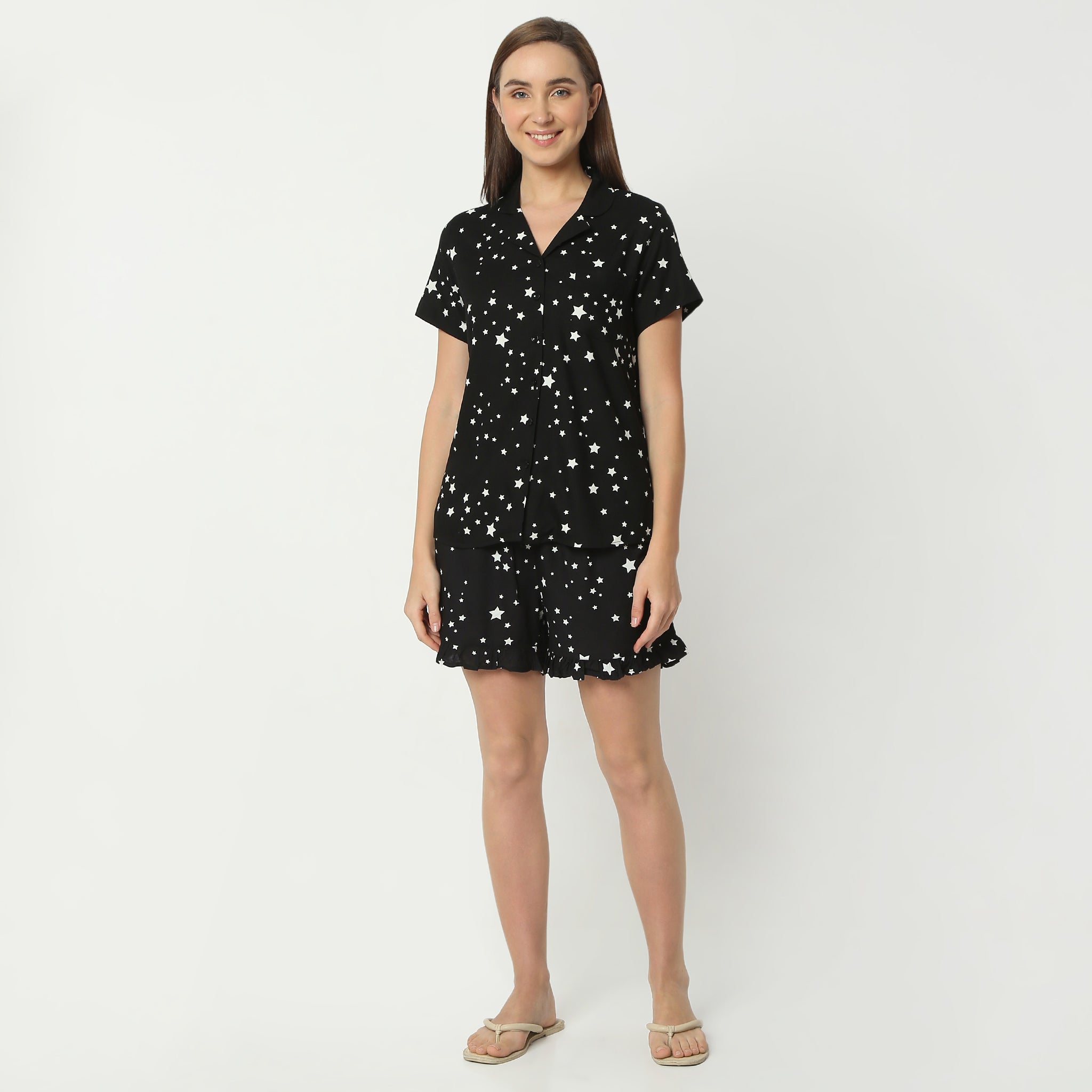 Regular Fit Printed Lapel Collar Regular Length Shirt with Shorts Sleepwear Set