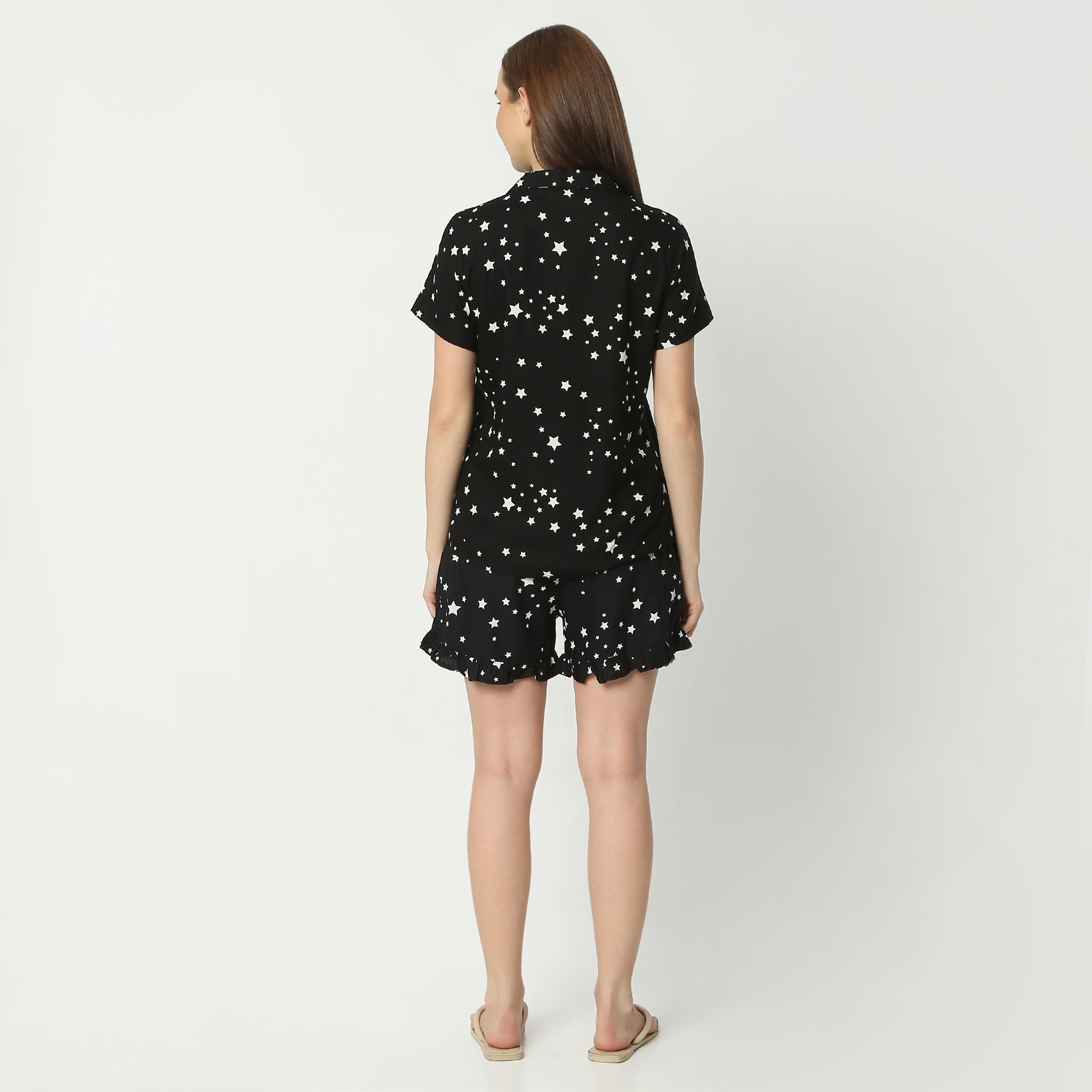 Regular Fit Printed Lapel Collar Regular Length Shirt with Shorts Sleepwear Set