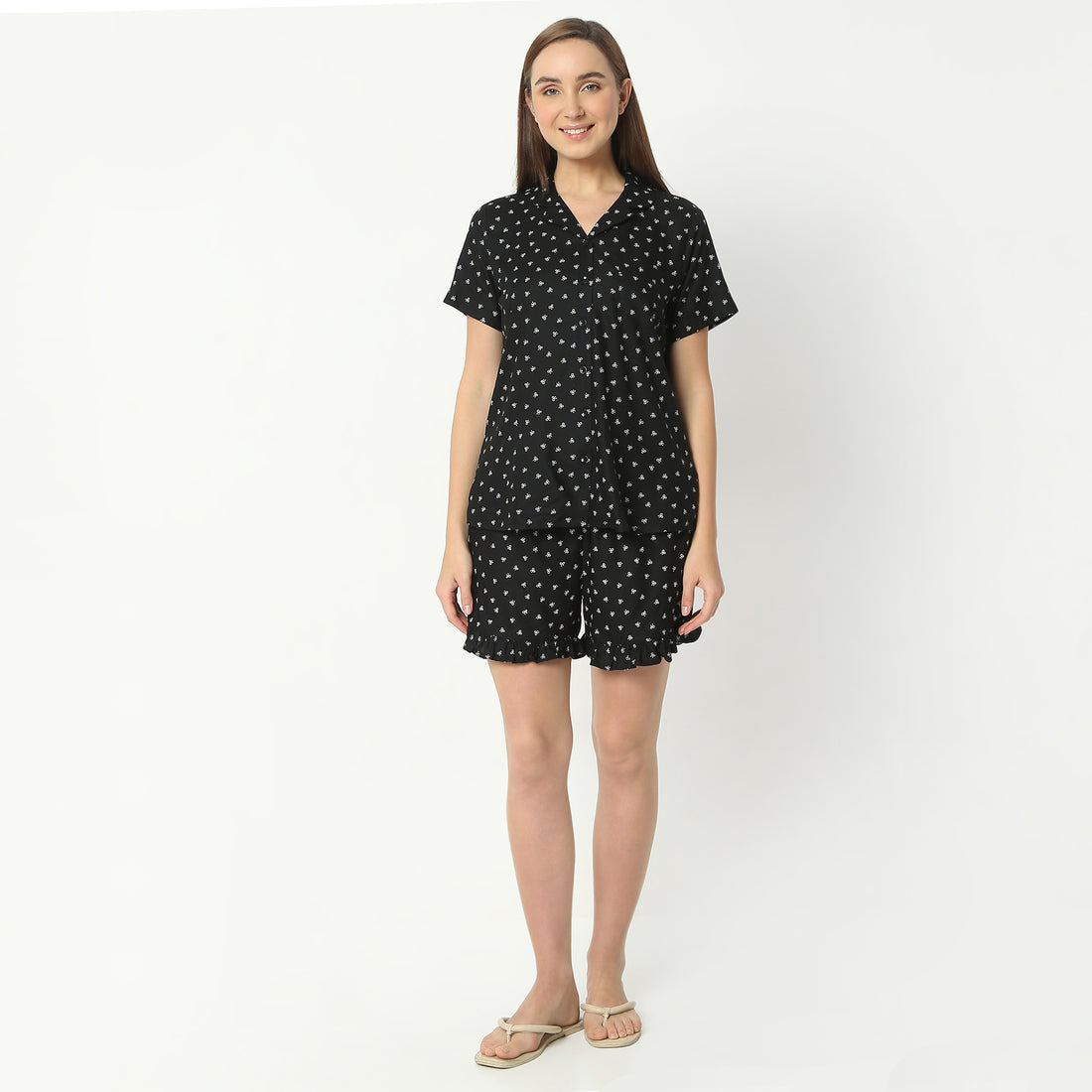Regular Fit Printed Lapel Collar Regular Length Shirt with Shorts Sleepwear Set