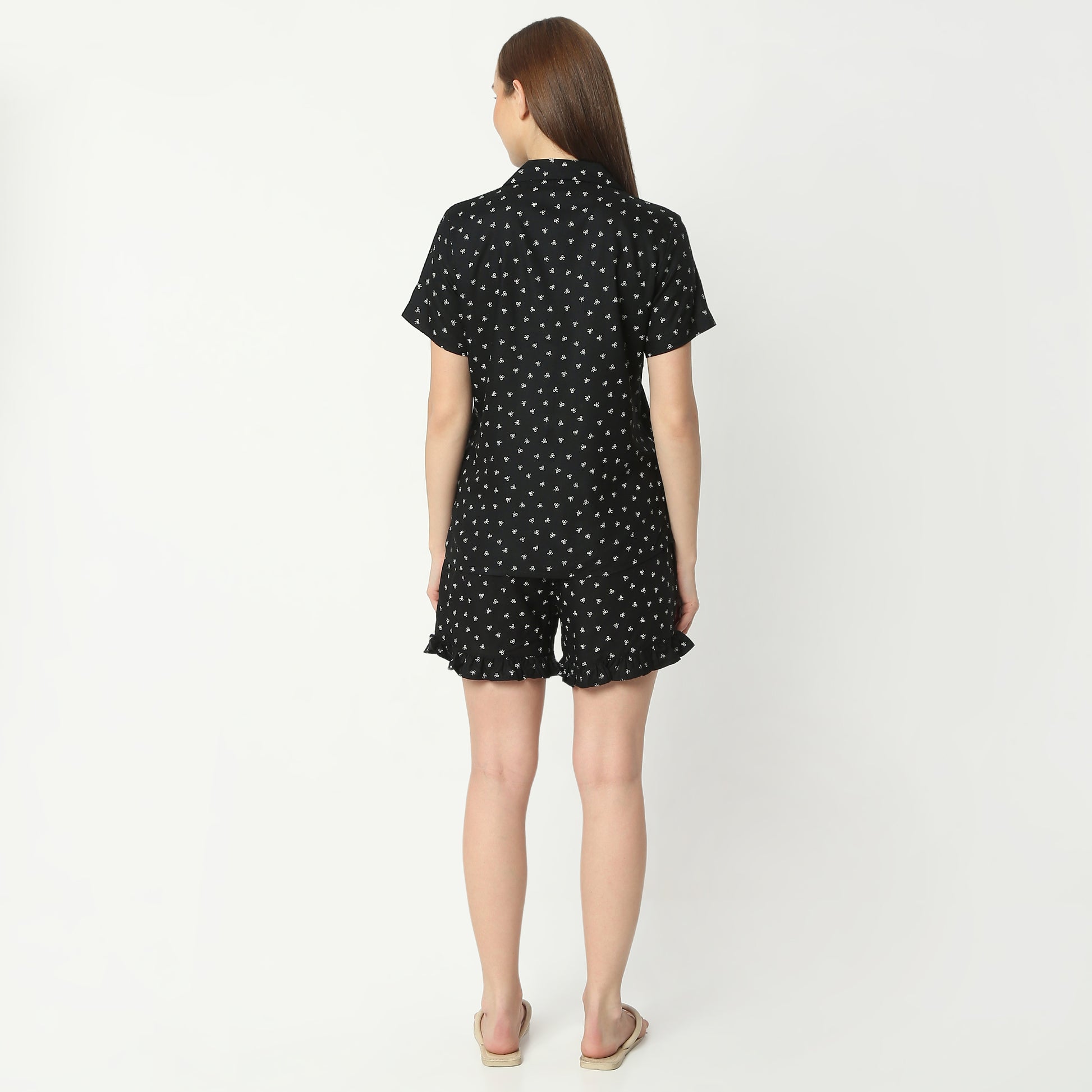 Regular Fit Printed Lapel Collar Regular Length Shirt with Shorts Sleepwear Set