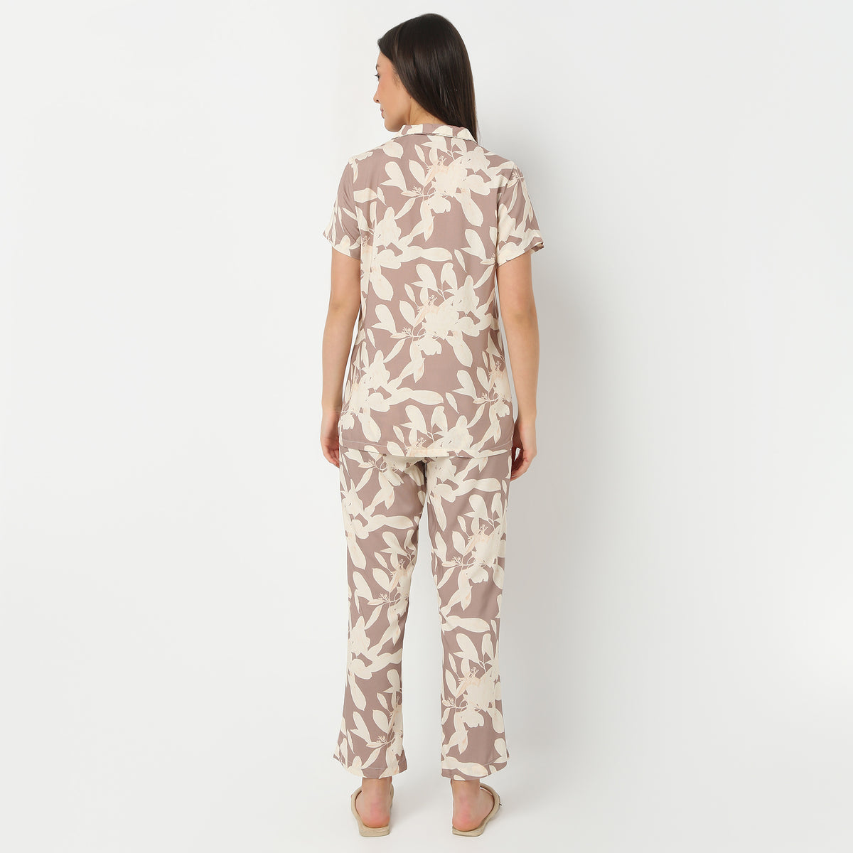 Lapel Collar Three-Fourth Sleeve Printed Sleepwear Set