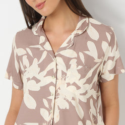 Lapel Collar Three-Fourth Sleeve Printed Sleepwear Set