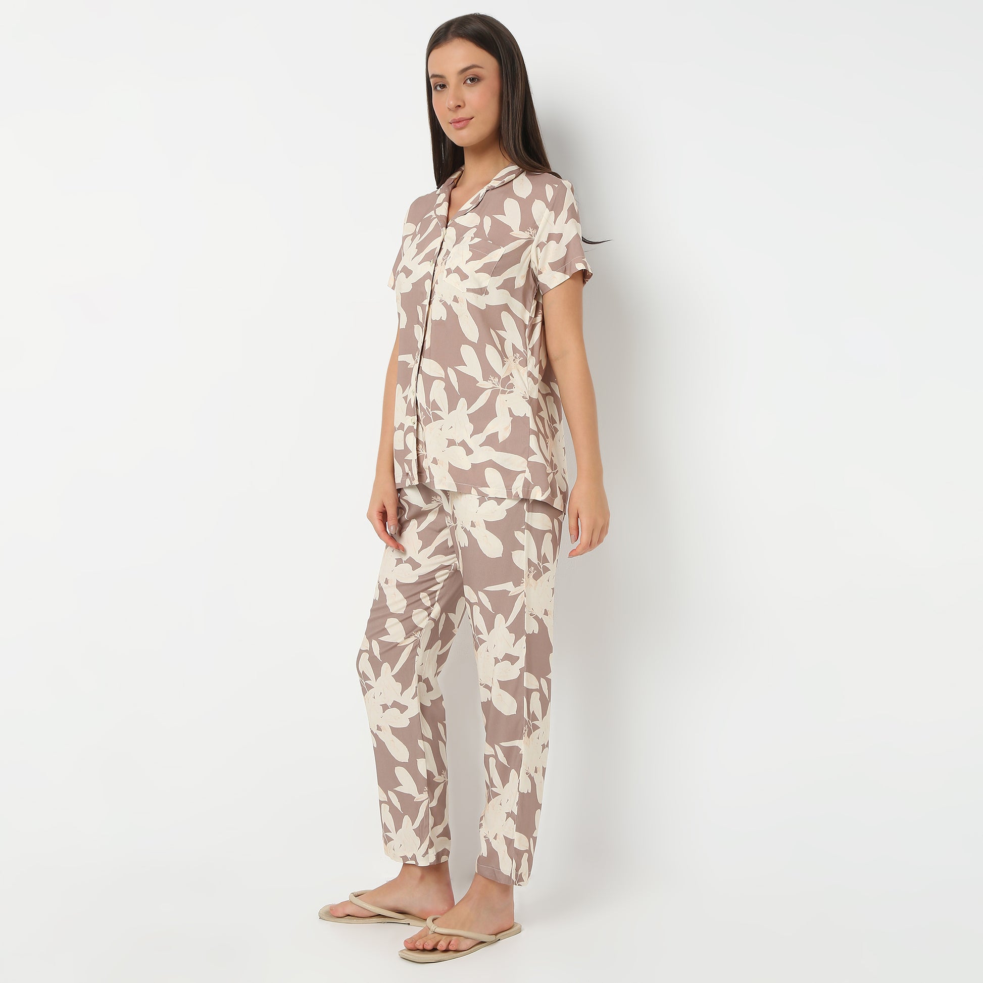 Lapel Collar Three-Fourth Sleeve Printed Sleepwear Set