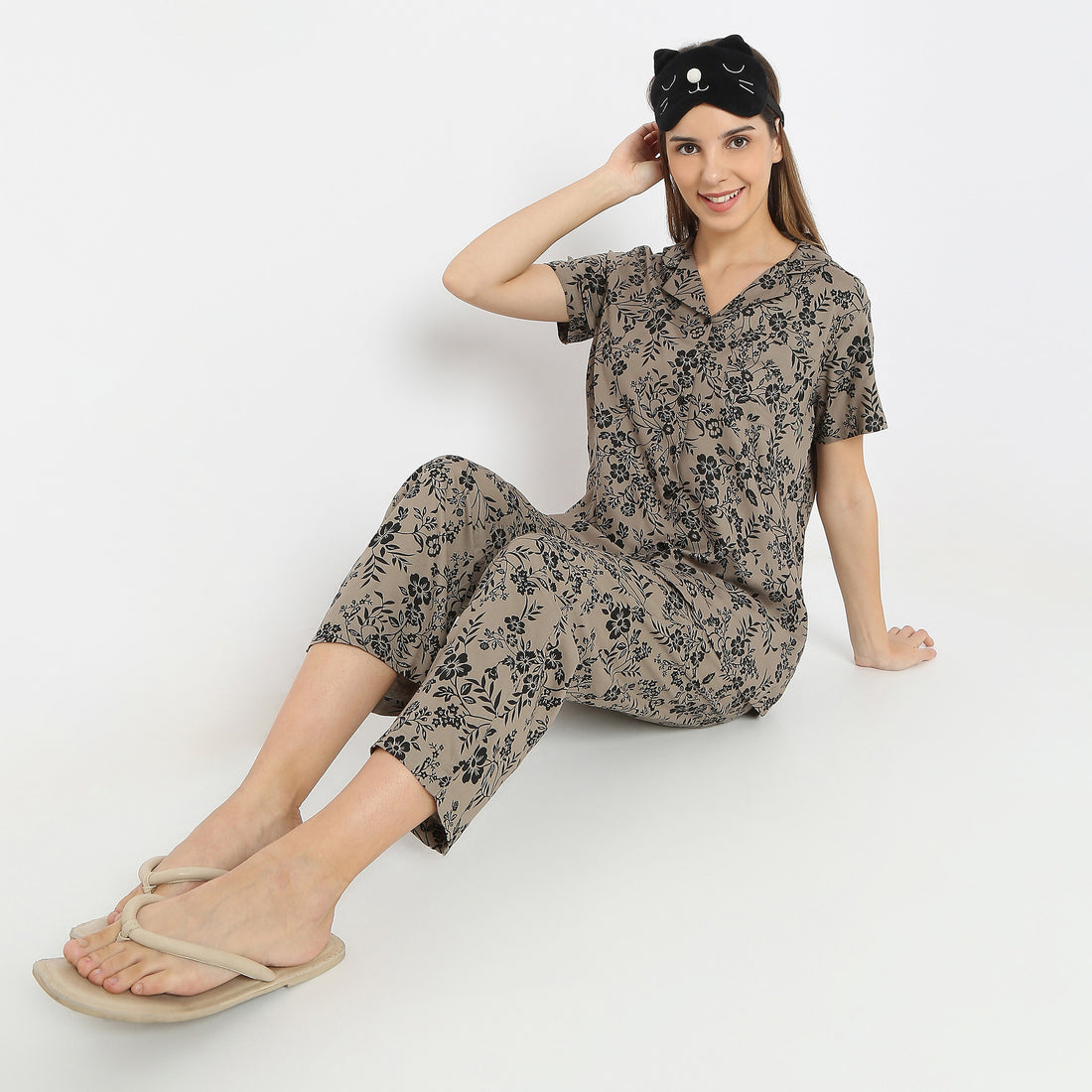Floral Print Lapel Collar Short Sleeve Shirt with Pyjama Sleepwear Shirt