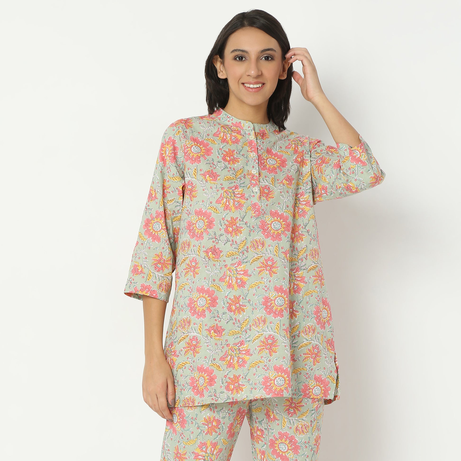 Regular Fit Printed Band Collar Full Length Top with Pyjama Set