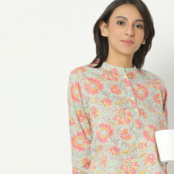 Regular Fit Printed Band Collar Full Length Top with Pyjama Set