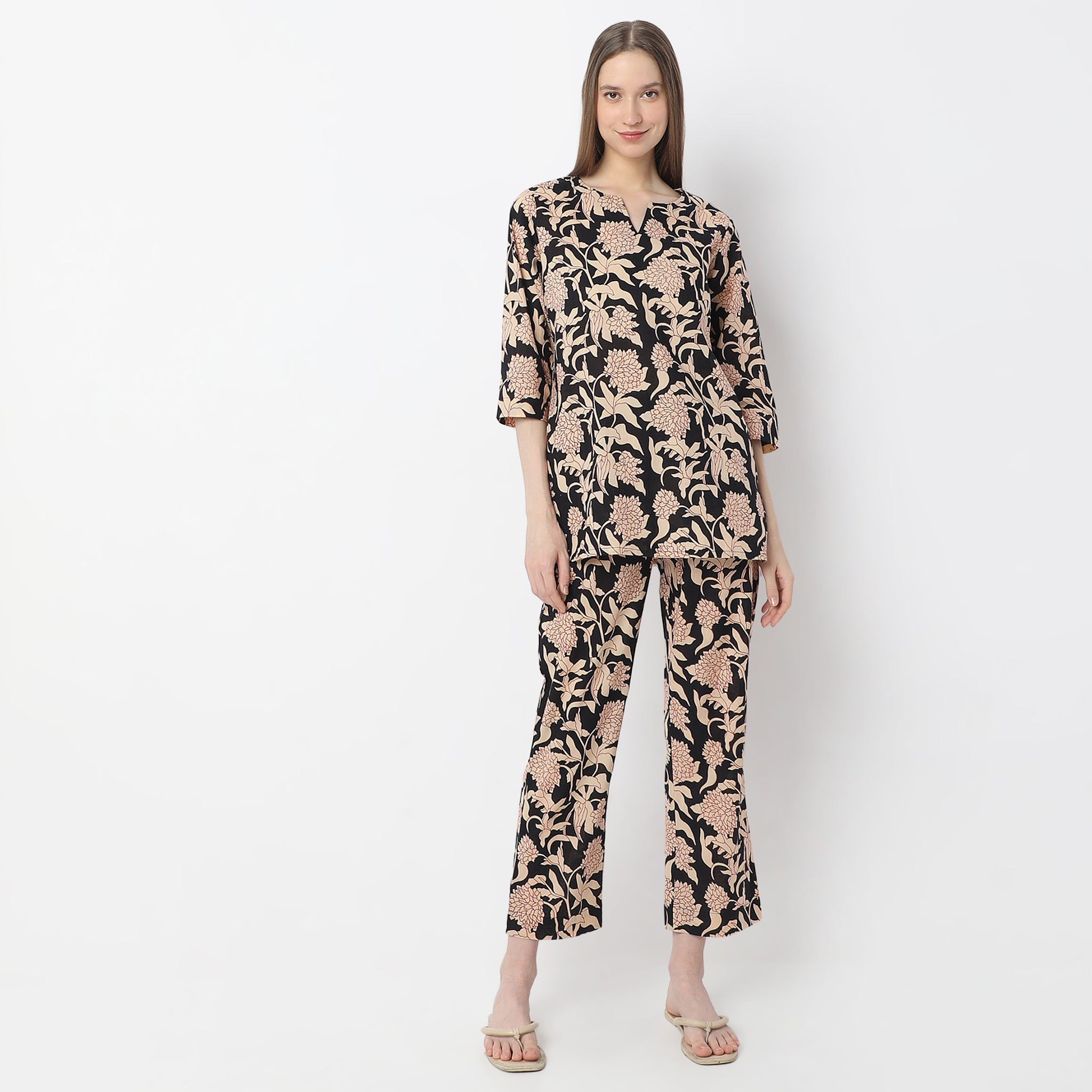 Floral Print Kurta with Pyjama Sleepwear Set