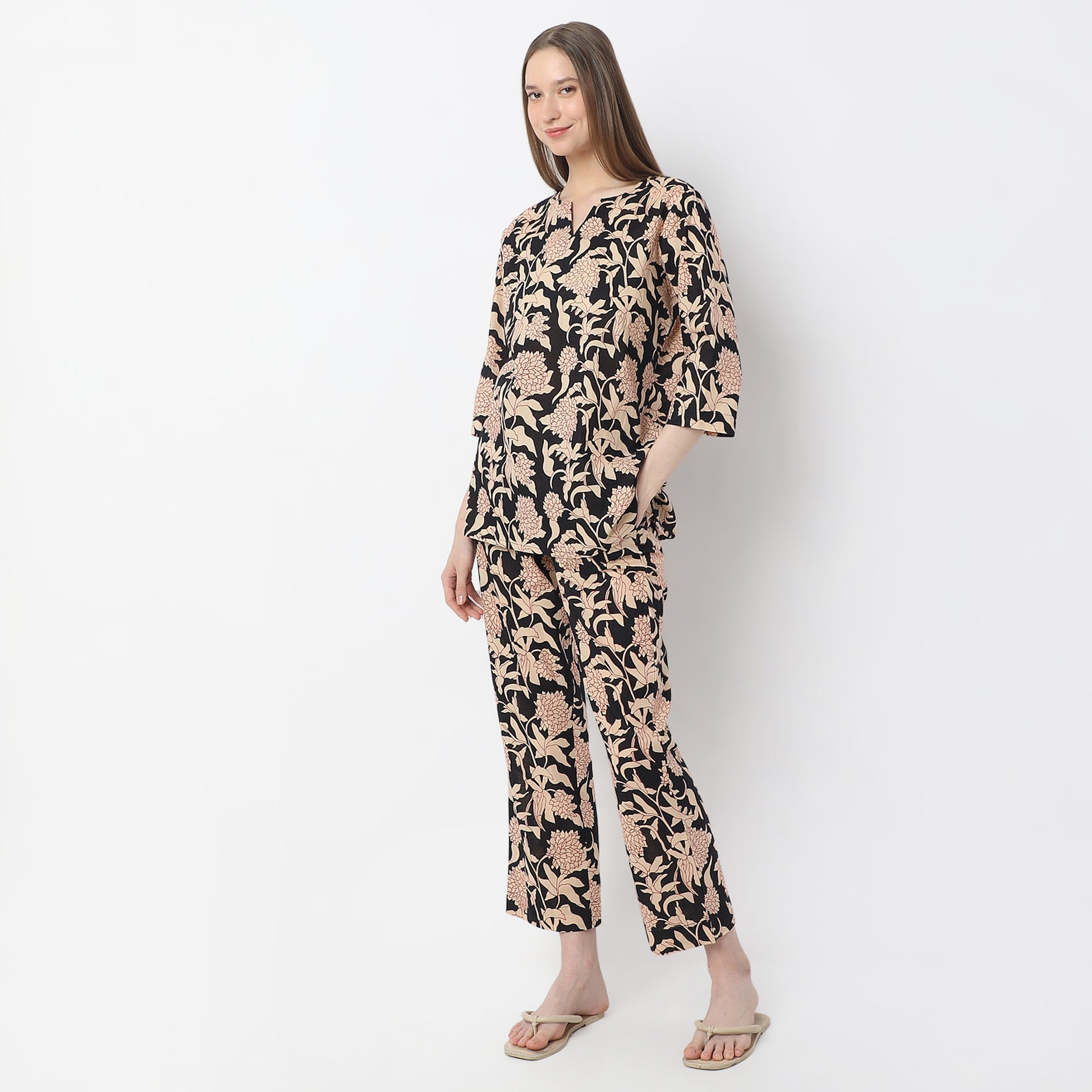 Floral Print Kurta with Pyjama Sleepwear Set