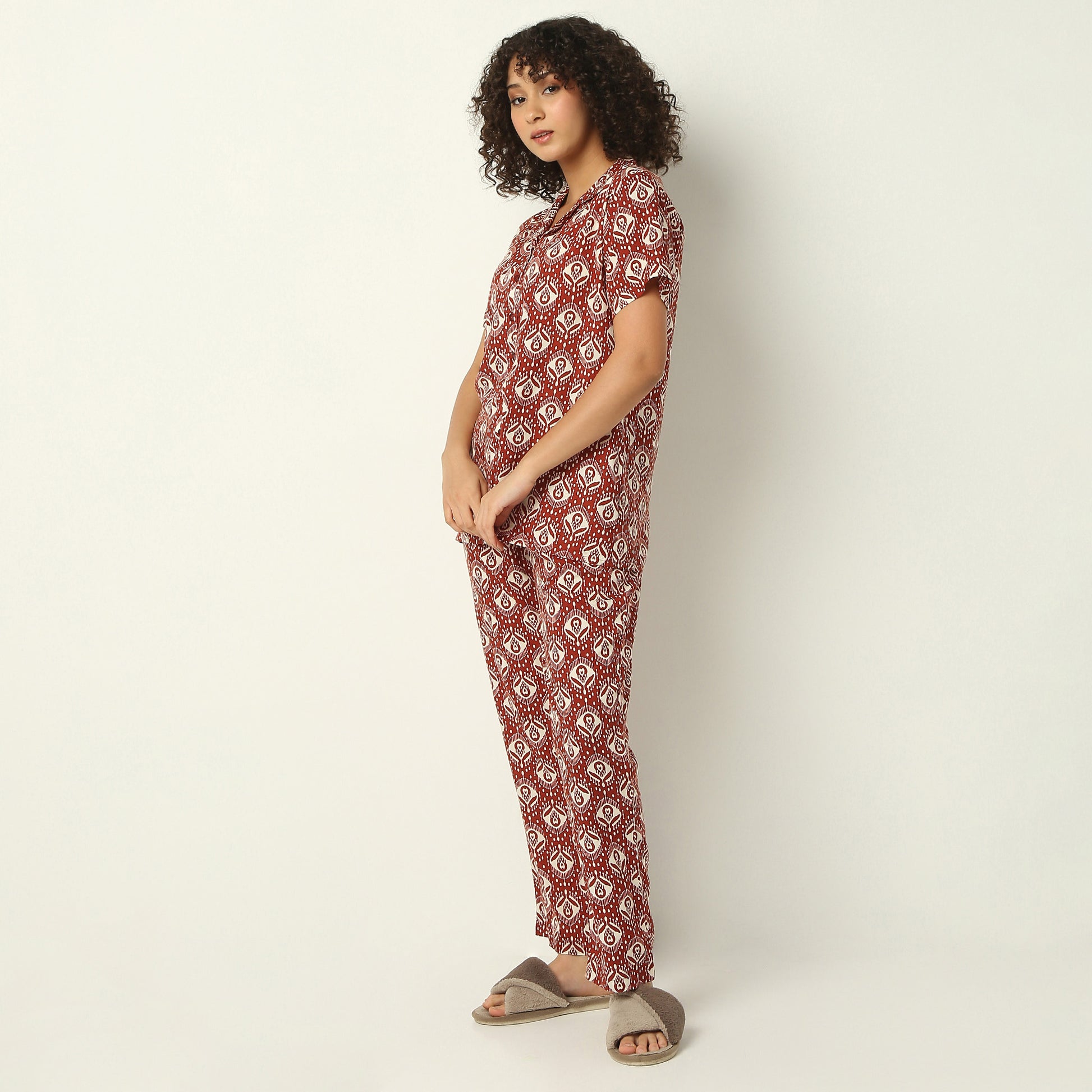 Regular Fit Printed Lapel Collar Shirt with Pyjama Set