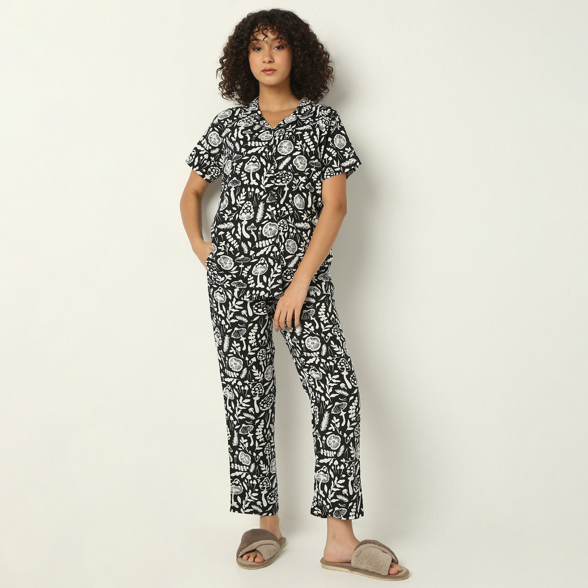Regular Fit Printed Lapel Collar Shirt with Pyjama Set