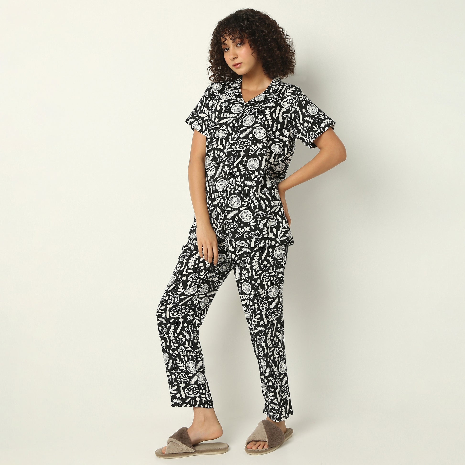 Regular Fit Printed Lapel Collar Shirt with Pyjama Set