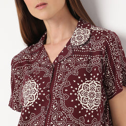 Regular Fit Printed Lapel Collar Shirt with Pyjama Set