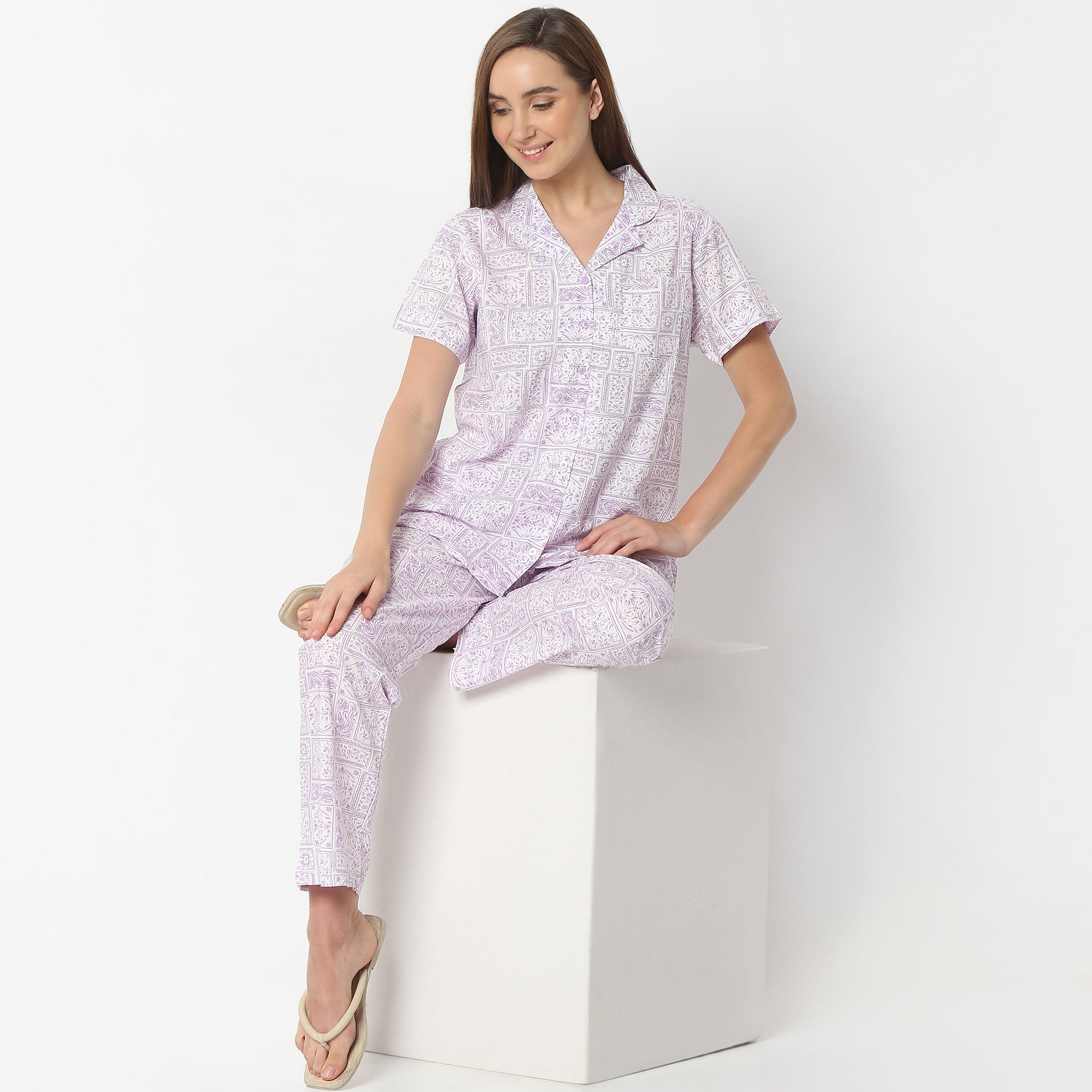 Regular Fit Printed Lapel Collar Regular Length Shirt with Pyjama Set