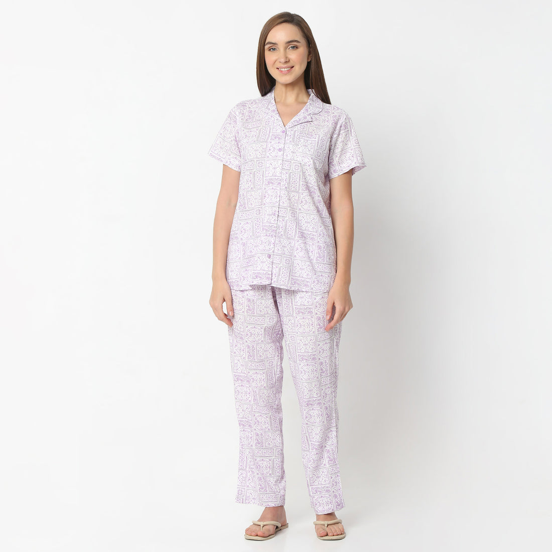 Regular Fit Printed Lapel Collar Regular Length Shirt with Pyjama Set