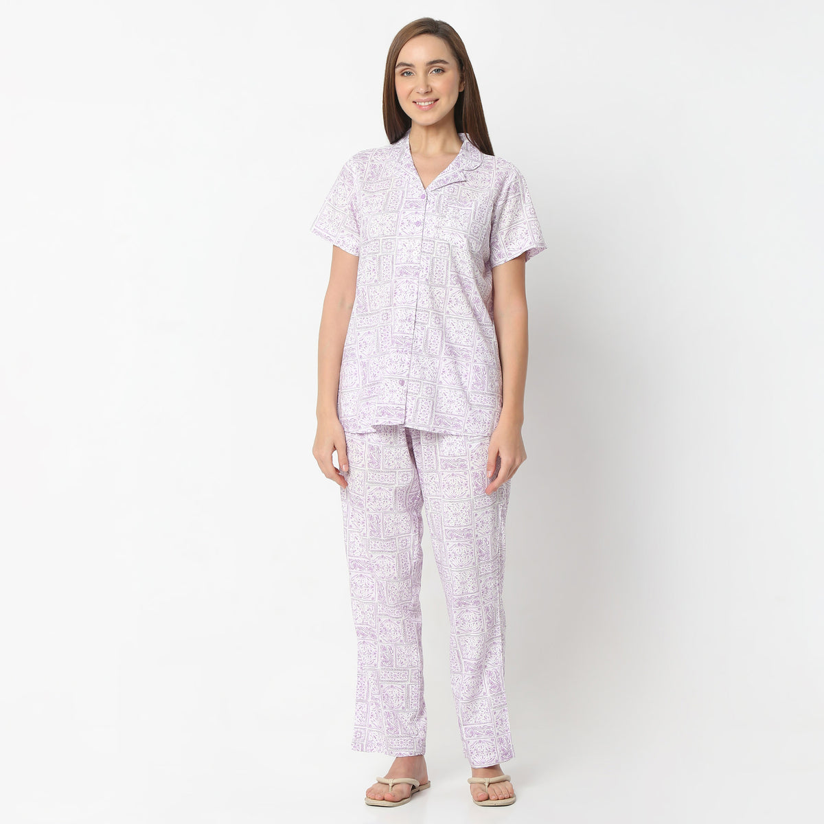 Regular Fit Printed Lapel Collar Regular Length Shirt with Pyjama Set