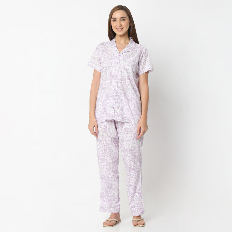 Regular Fit Printed Lapel Collar Regular Length Shirt with Pyjama Set