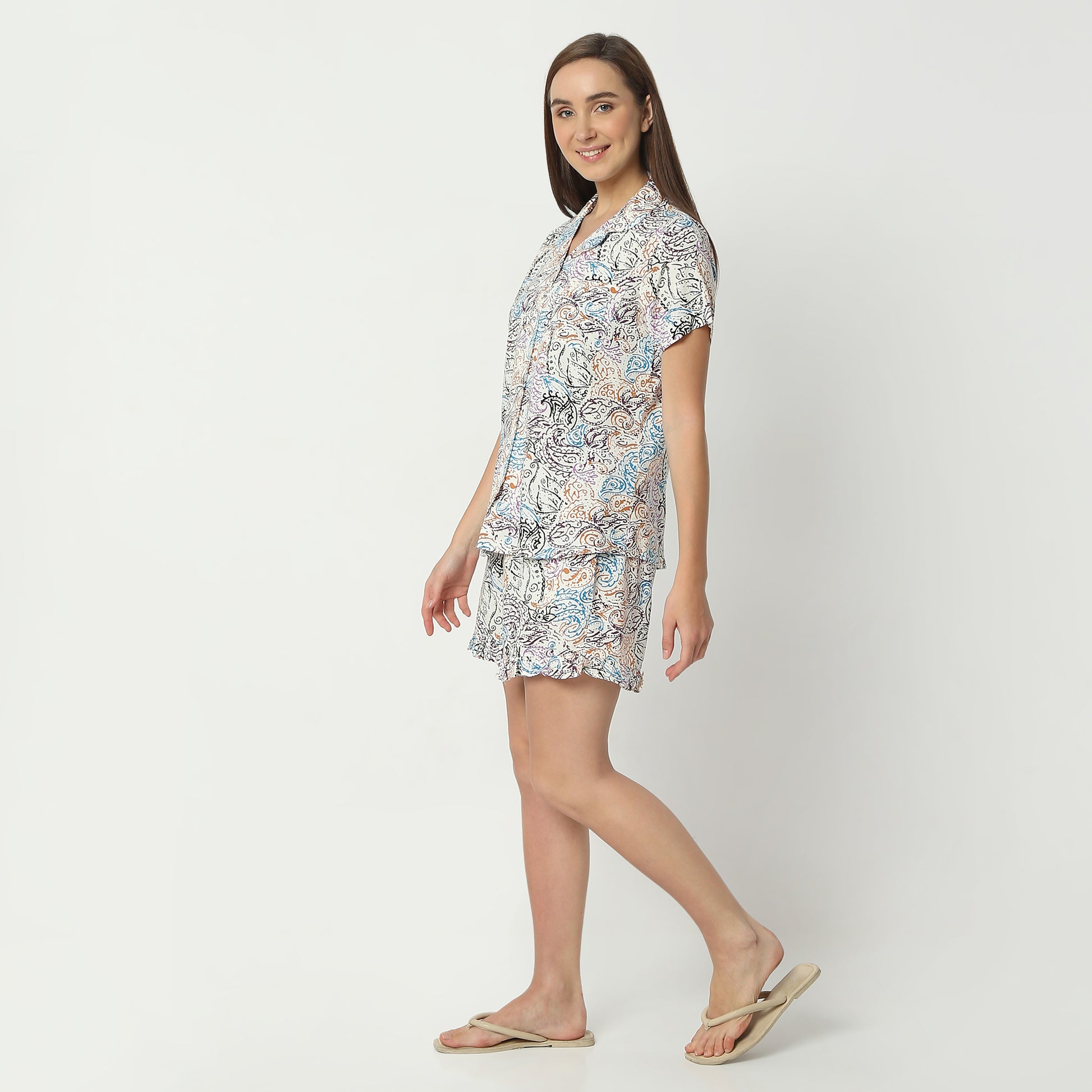 Regular Fit Printed Camp Collar Regular Length Shirt with Shorts Sleepwear Set