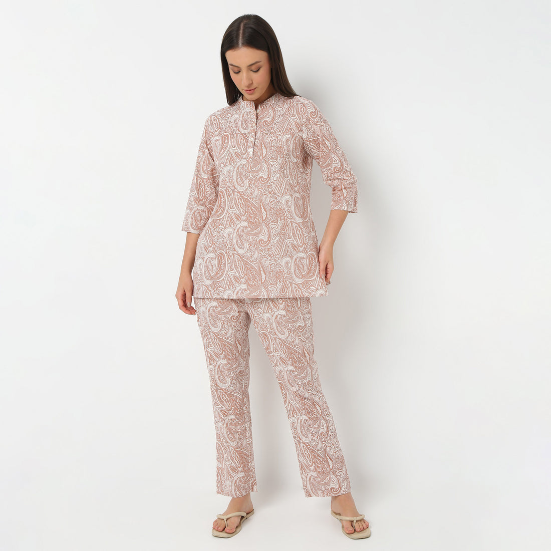Band Collar Three-Fourth Sleeve Printed Jaipuri Topwear And With Pyjama Sleepwear Set
