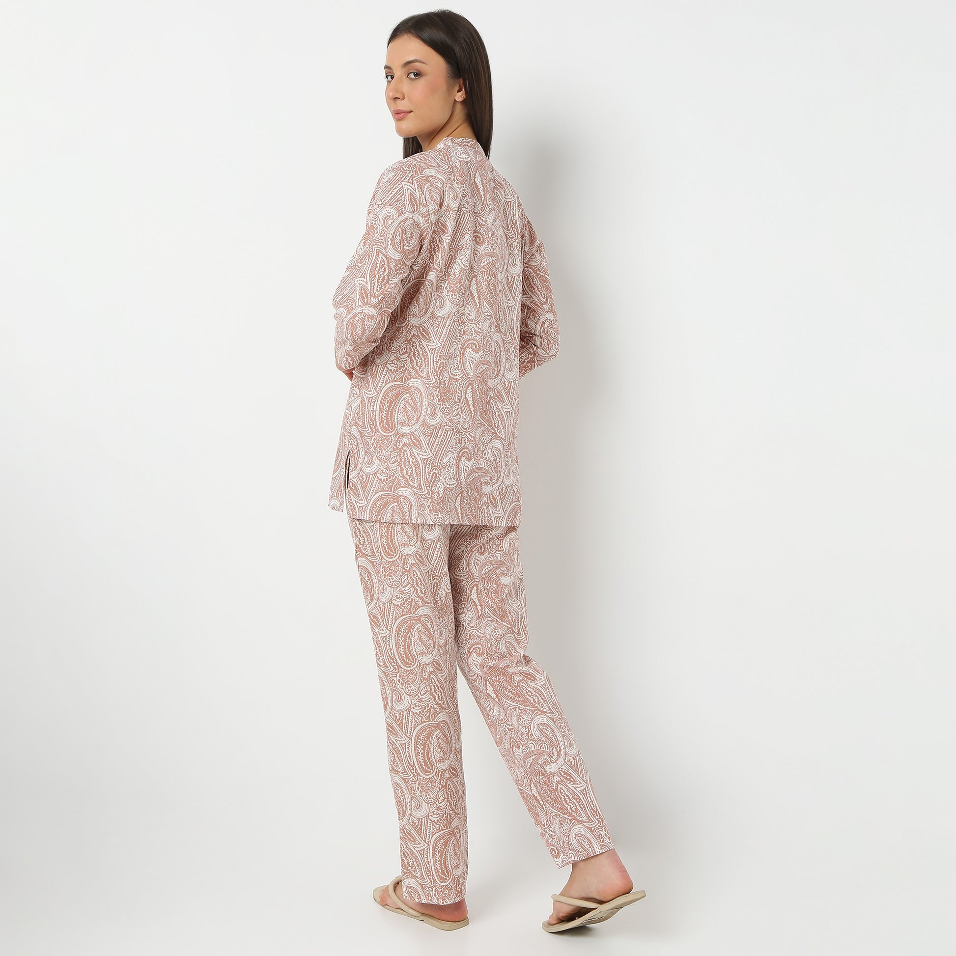 Band Collar Three-Fourth Sleeve Printed Jaipuri Topwear And With Pyjama Sleepwear Set