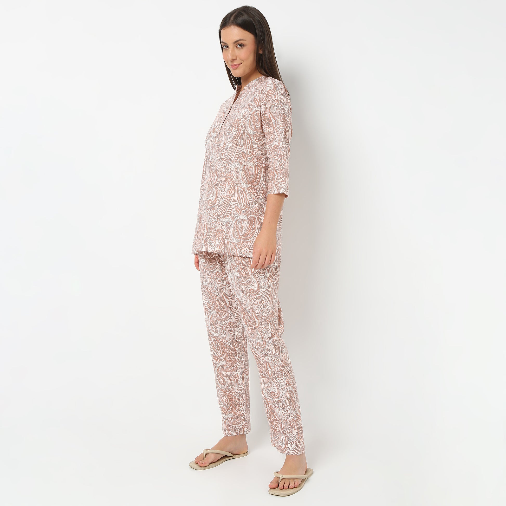 Band Collar Three-Fourth Sleeve Printed Jaipuri Topwear And With Pyjama Sleepwear Set