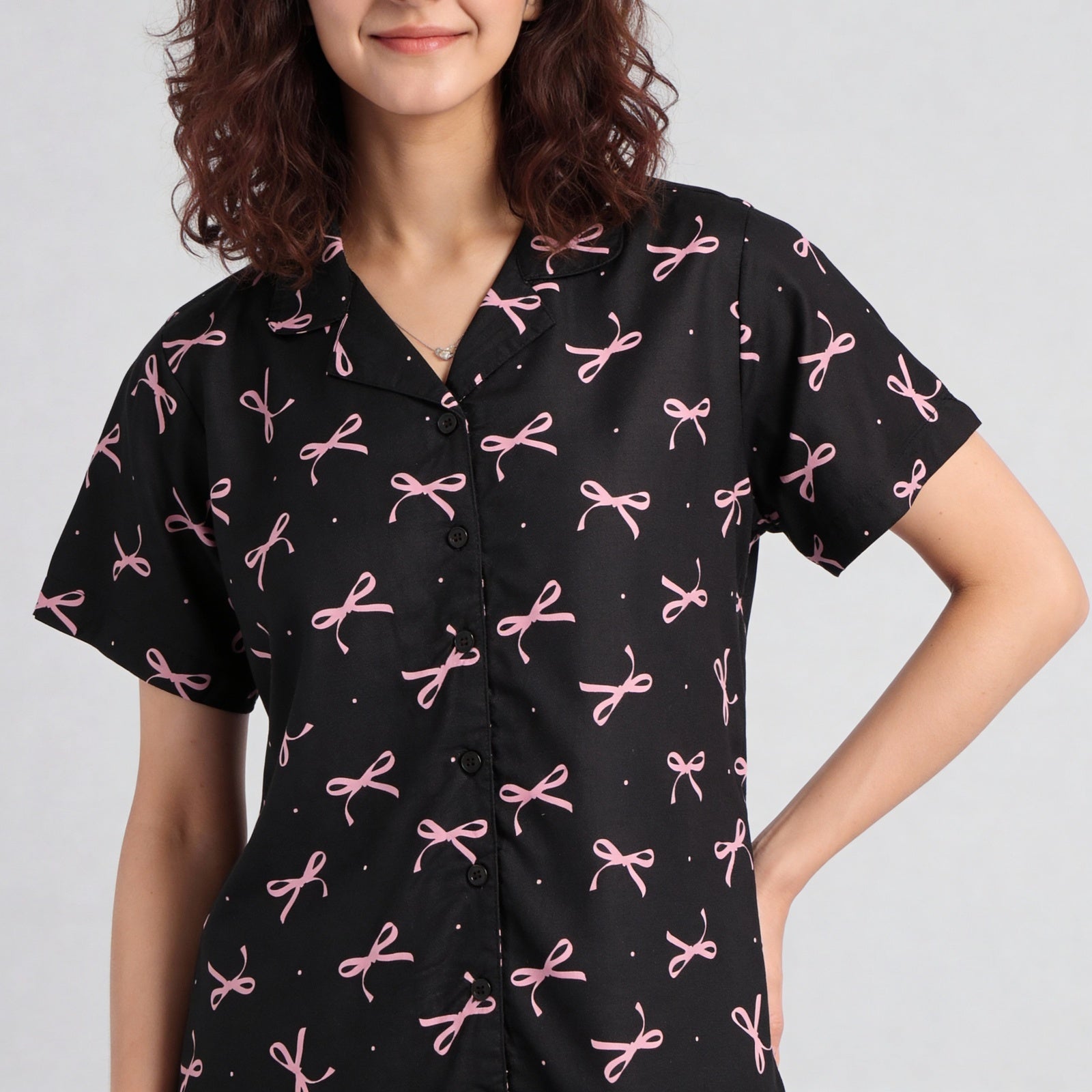 Printed Camp Collar Shirt with Pyjama Set
