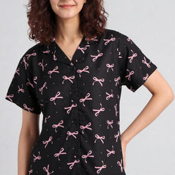 Printed Camp Collar Shirt with Pyjama Set
