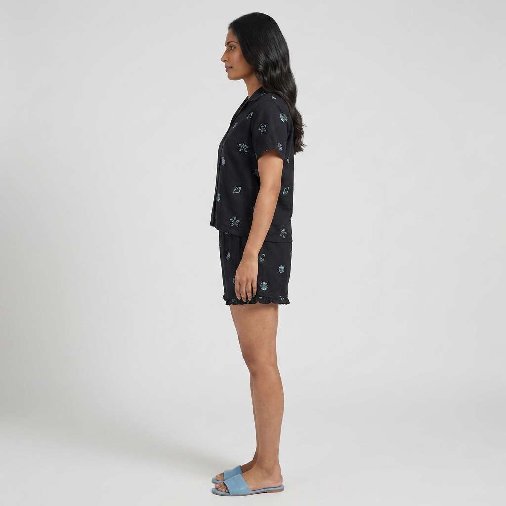 Cotton Embroiderd Shirt with Shorts Sleepwear Set