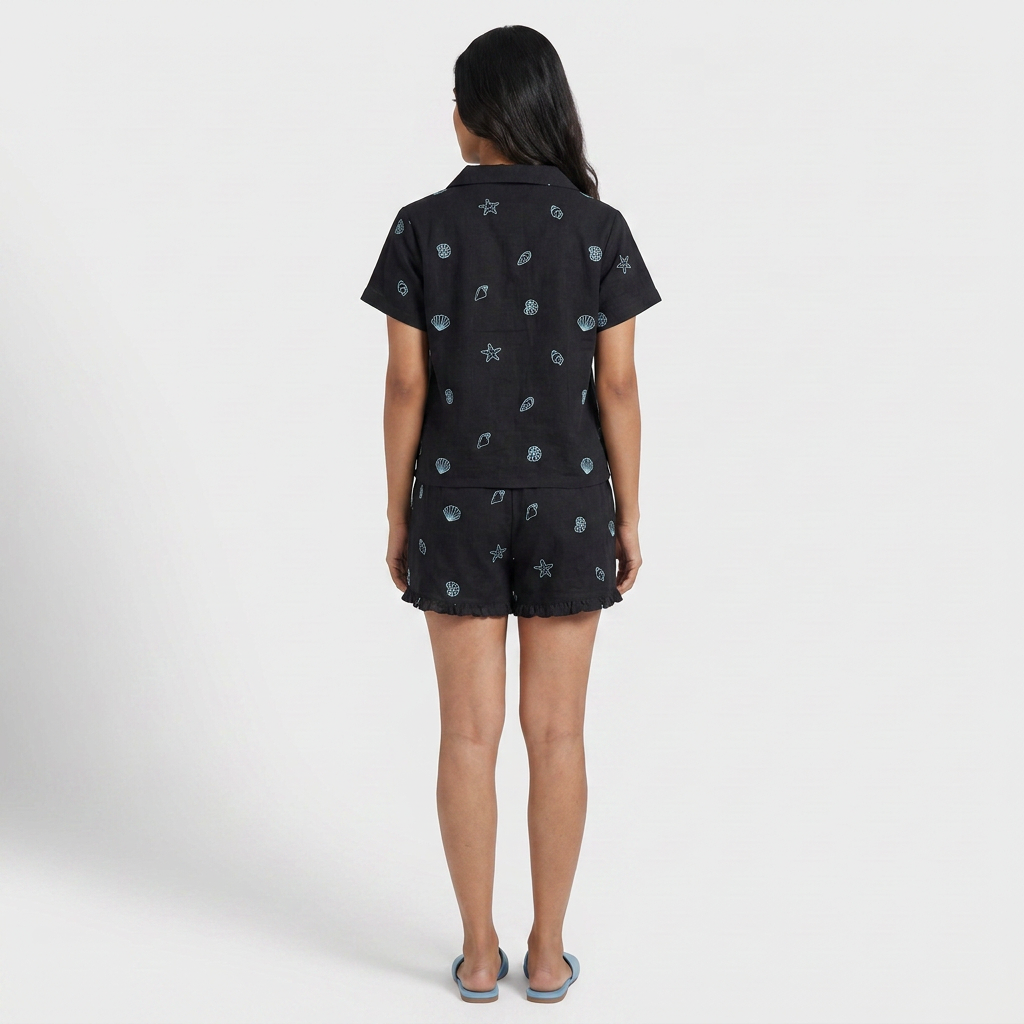Cotton Embroiderd Shirt with Shorts Sleepwear Set